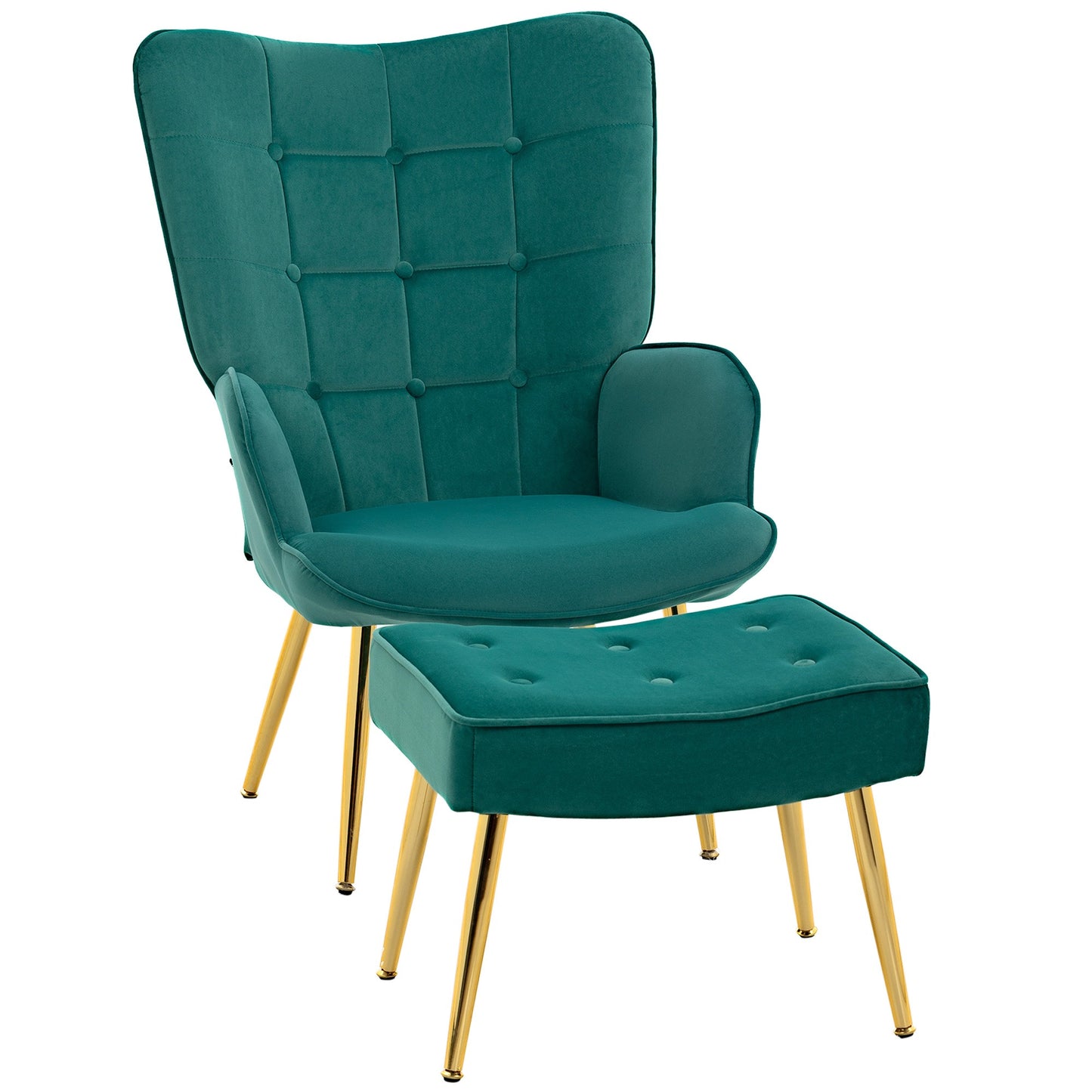 Modern Armchair with Footstool, Upholstered Accent Chair with Ottoman, Steel Legs, Velvet Wingback Chair for Living Room, Bedroom, Home Study