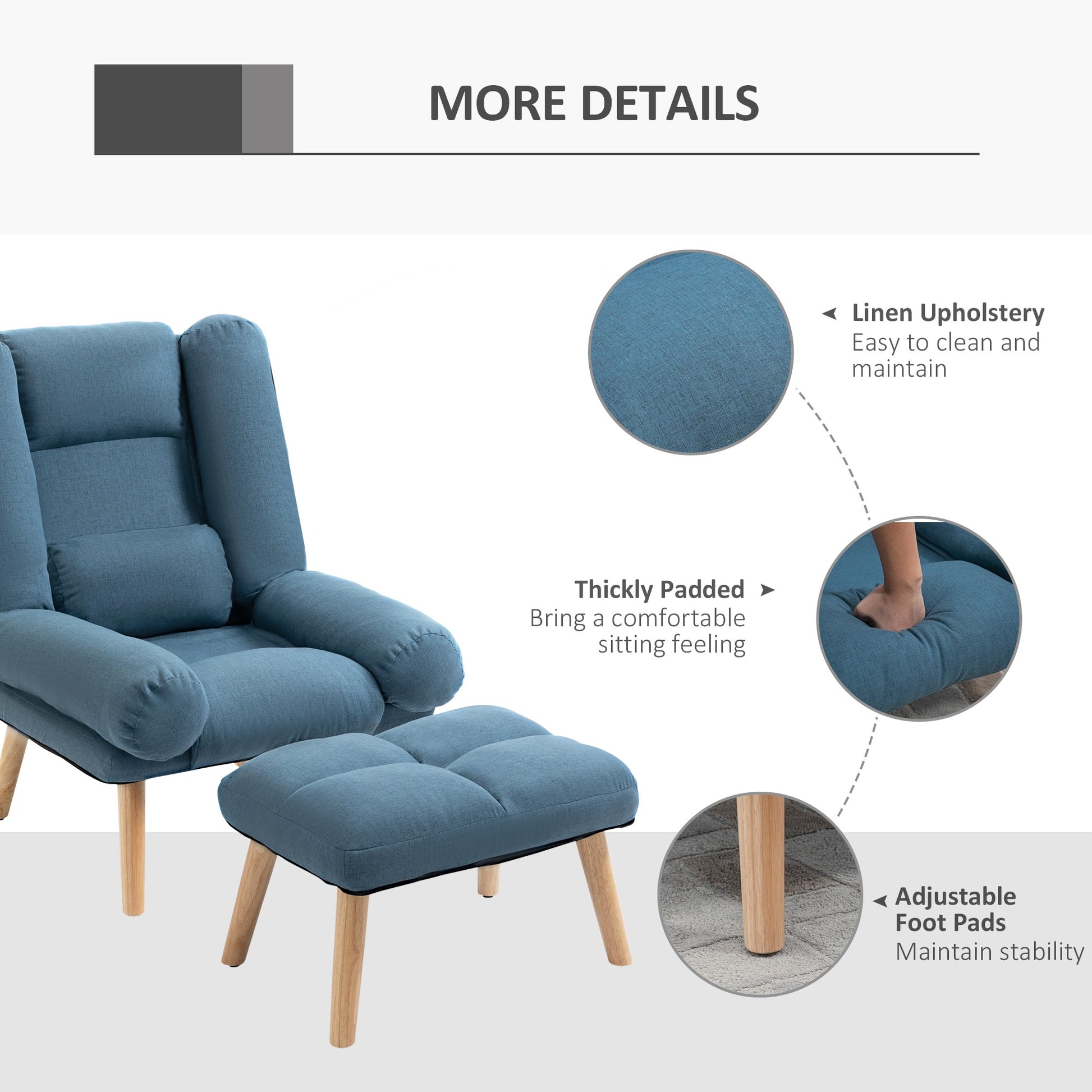HOMCOM Armchair with Footstool, 180Â° Recliner with Ottoman, Accent Chair and Footstool with 3-Position Adjustable Backrest and Wooden Legs for Living Room, Blue - ChairwayUK