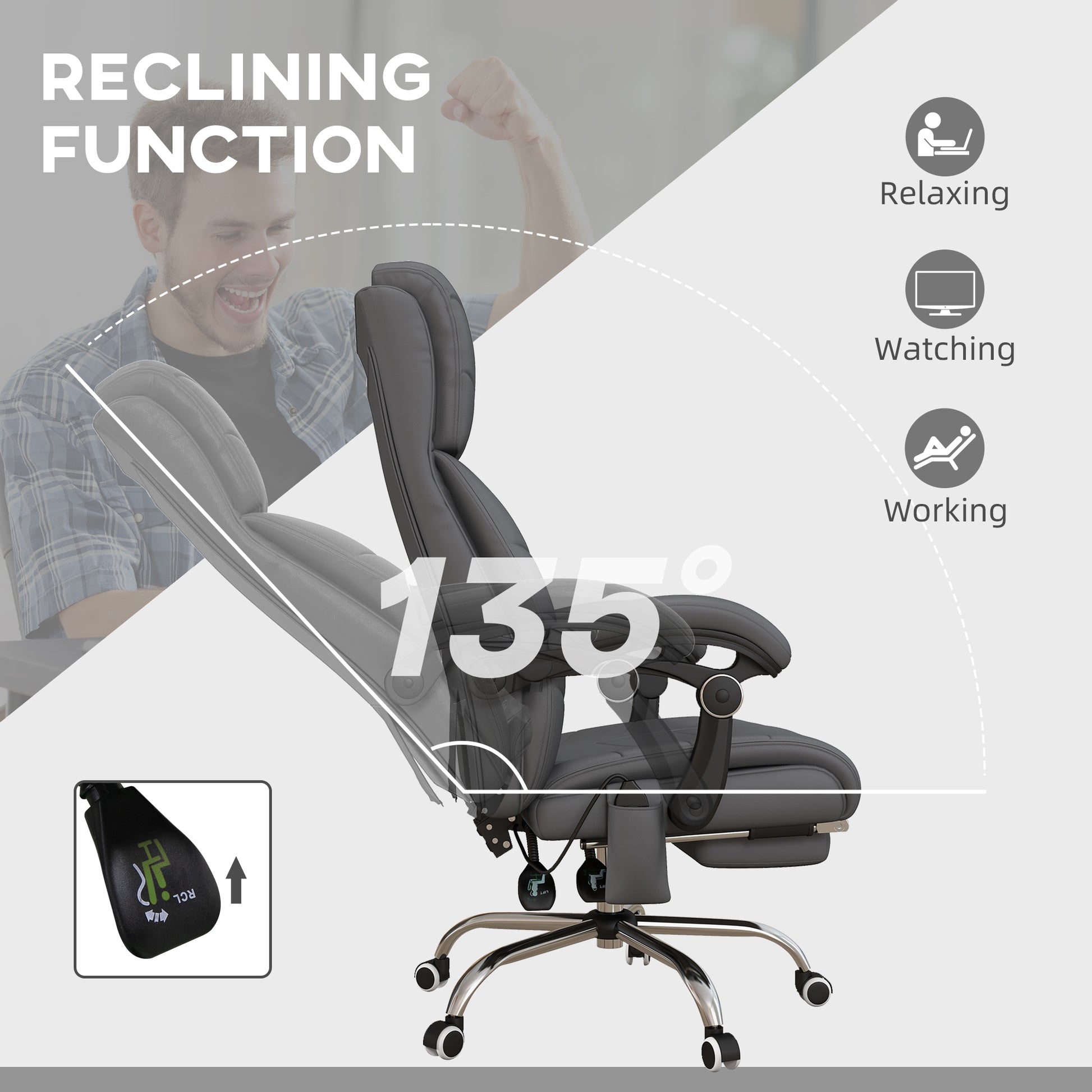 Image for Vinsetto Vibration Massage Office Chair with Heat, PU Leather Computer Chair with Footrest, Armrest, Reclining Back, Grey