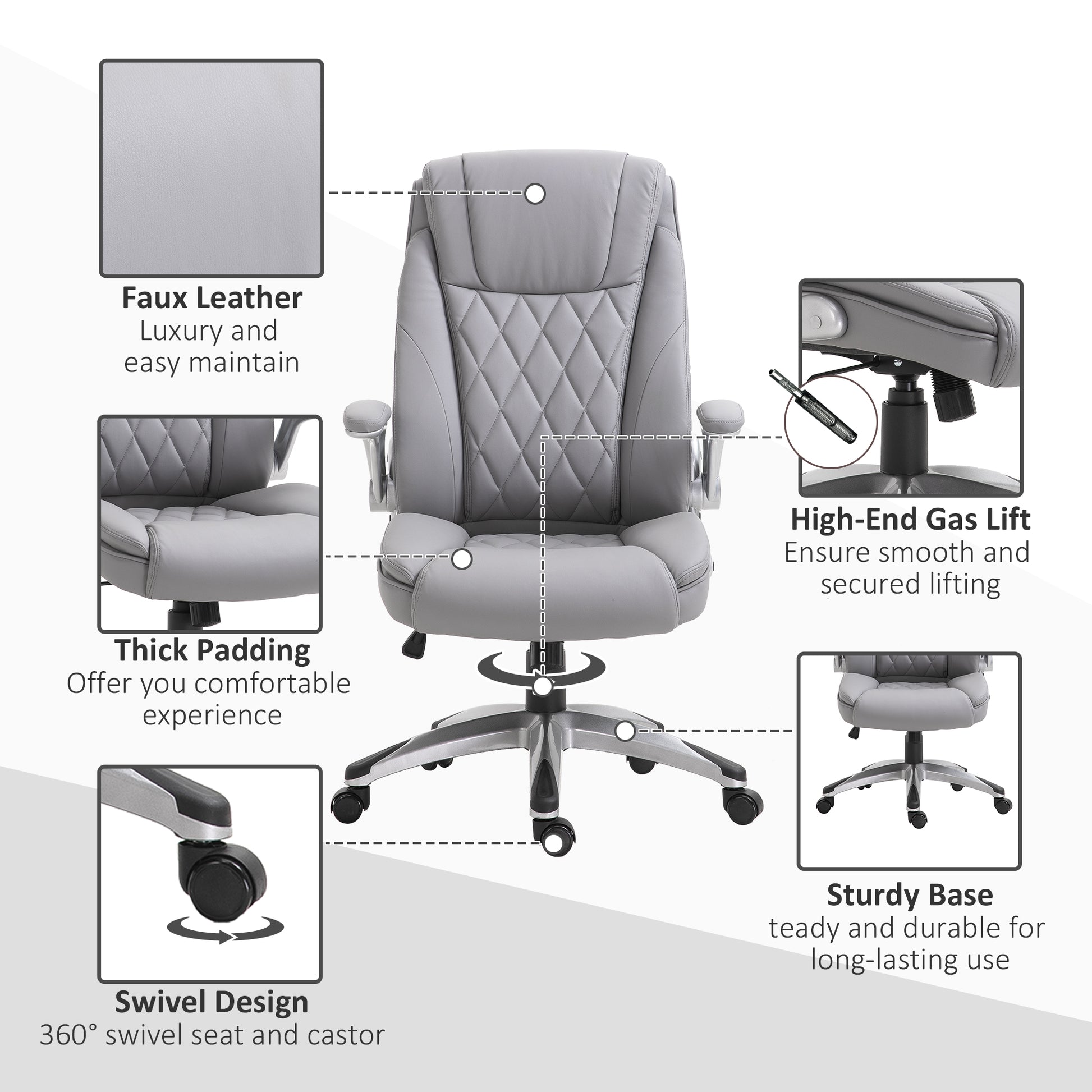 Image for Vinsetto High Back Executive Office Chair Home Swivel PU Leather Ergonomic Chair, with Flip-up Arm, Wheels, Adjustable Height, Grey