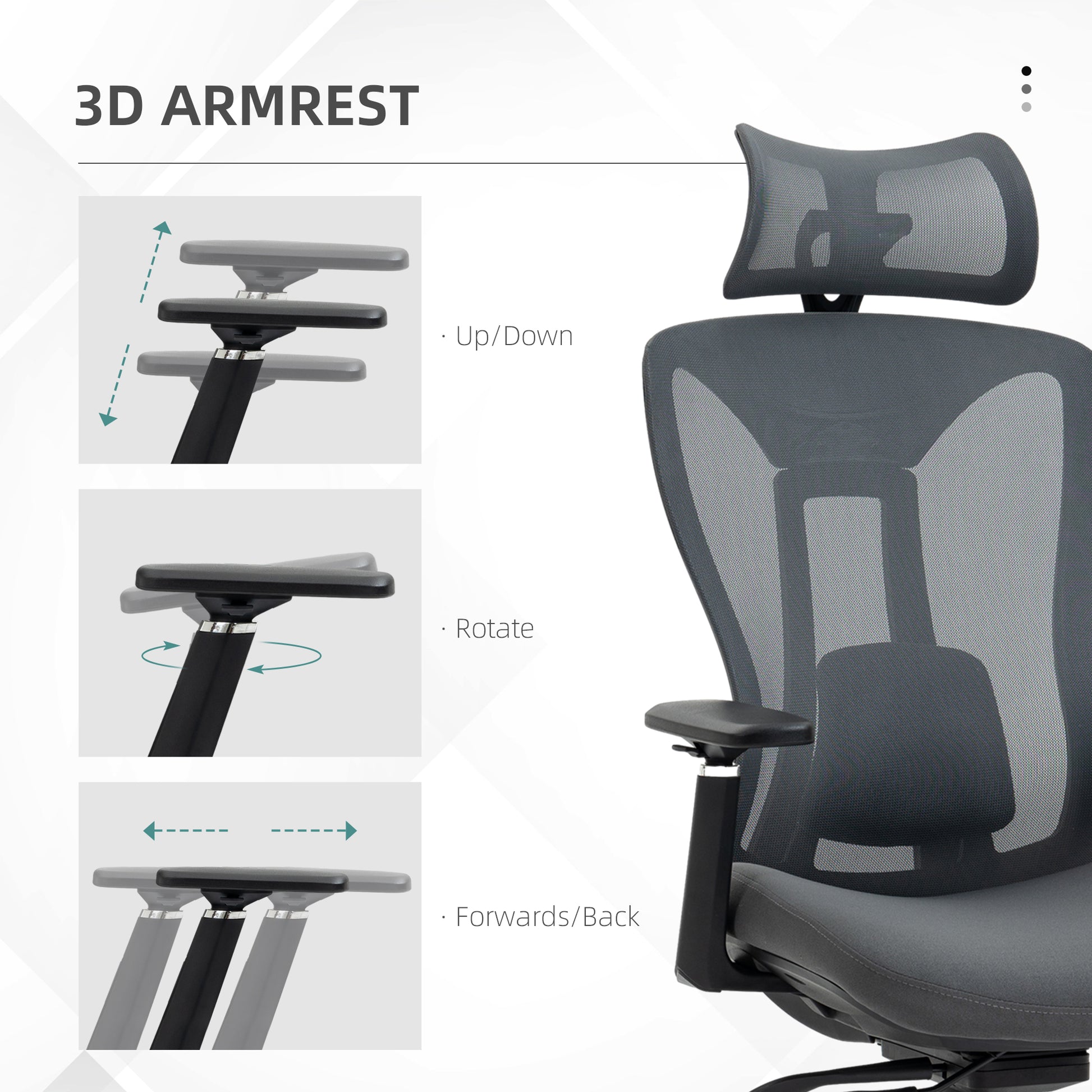 Image for Vinsetto Mesh Office Chair, Reclining Desk Chair with Adjustable Headrest, Lumbar Support, 3D Armrest, Sliding Seat, Swivel Wheels, Grey