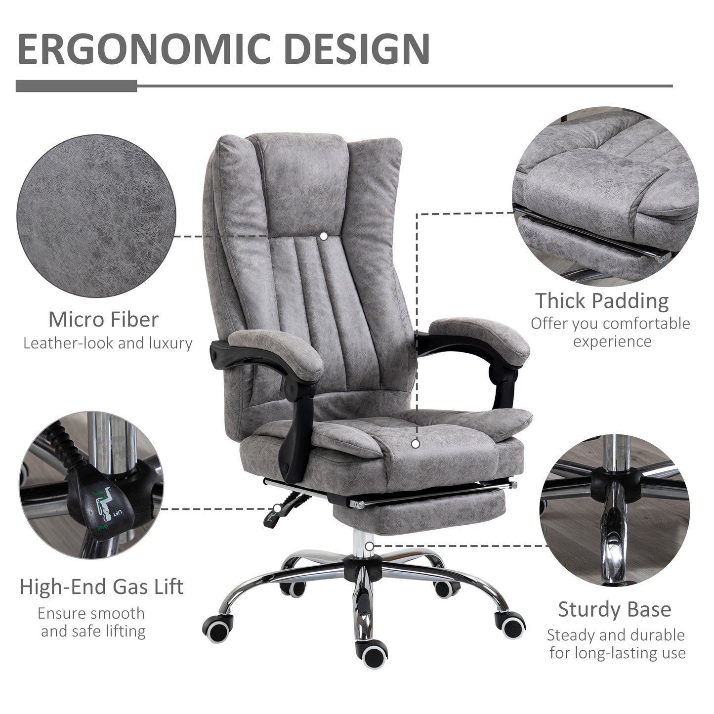 Image for Vinsetto Home Office Chair Microfibre Desk Chair with Reclining Function Armrests Swivel Wheels Footrest Grey