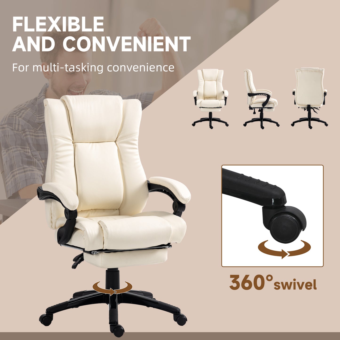 Image for Vinsetto PU Leather Office Chair, Swivel Computer Chair with Footrest, Wheels, Adjustable Height, Cream White