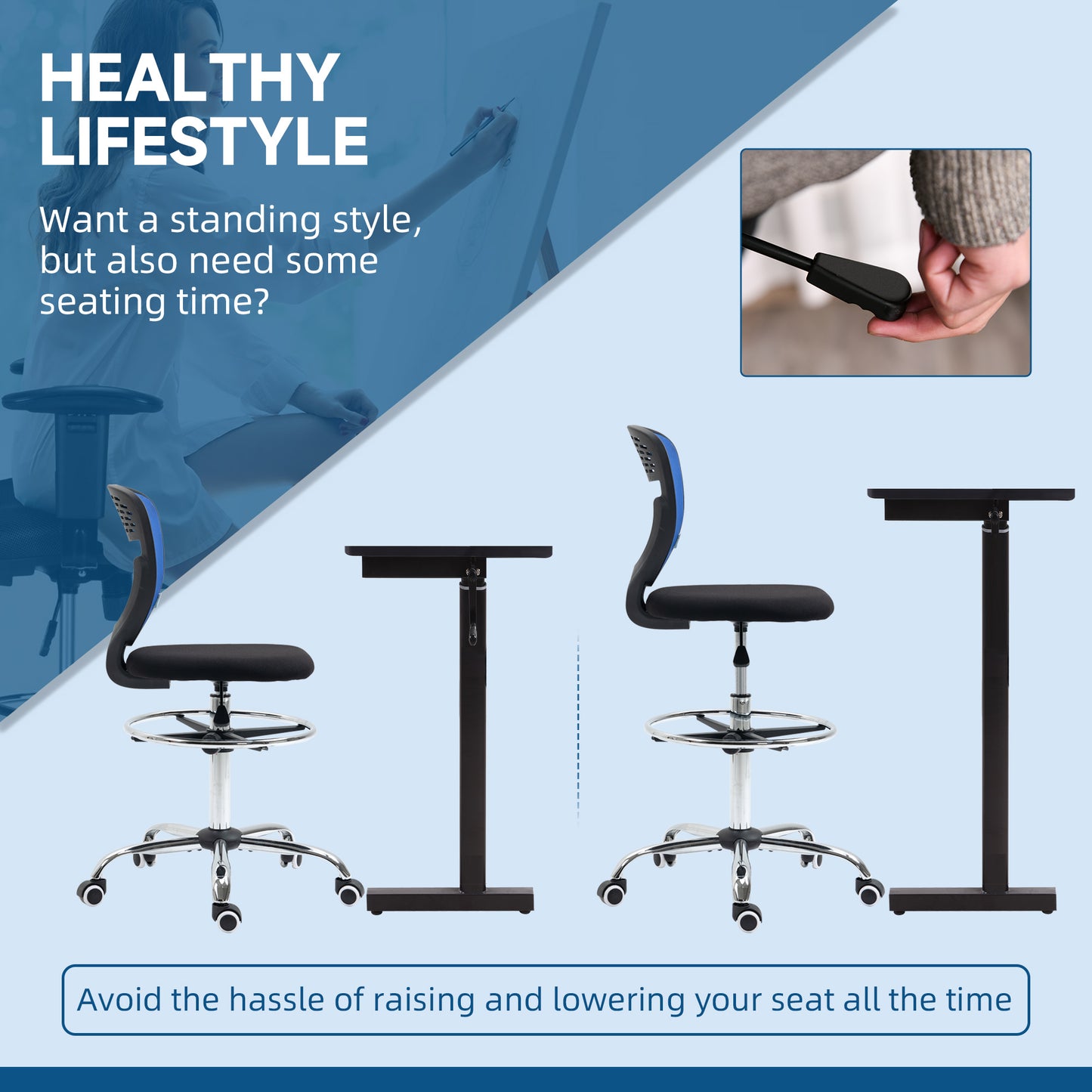 Image for Vinsetto Drafting Chair, Swivel Office Draughtsman Chair, Mesh Standing Desk Chair with Lumbar Support, Adjustable Foot Ring, Armless, Dark Blue