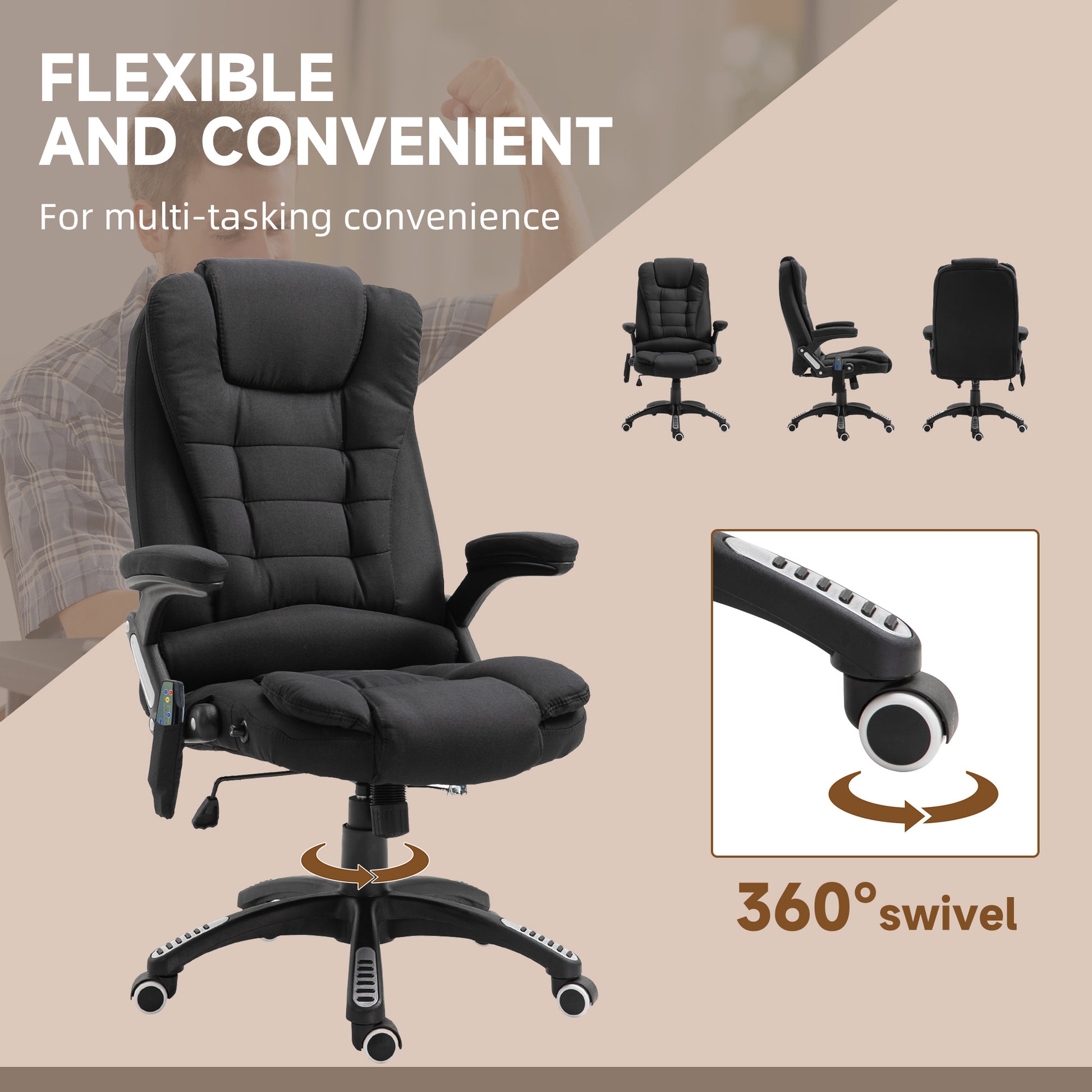 Image for Vinsetto Massage Recliner Chair Heated Office Chair with Six Massage Points Linen-Feel Fabric 360° Swivel Wheels Black