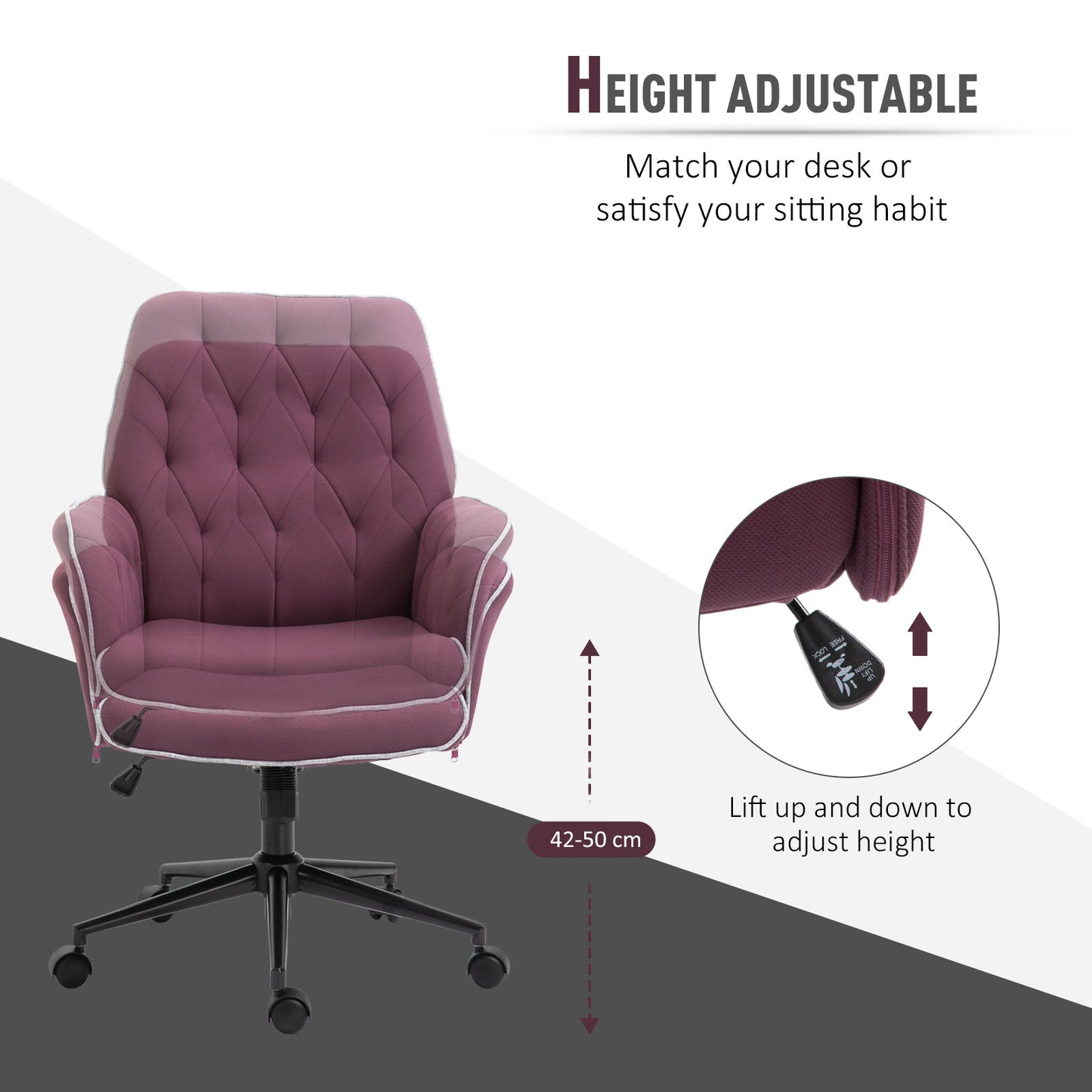 Image for Vinsetto Linen Office Swivel Chair Mid Back Computer Desk Chair with Adjustable Seat, Arm - Purple