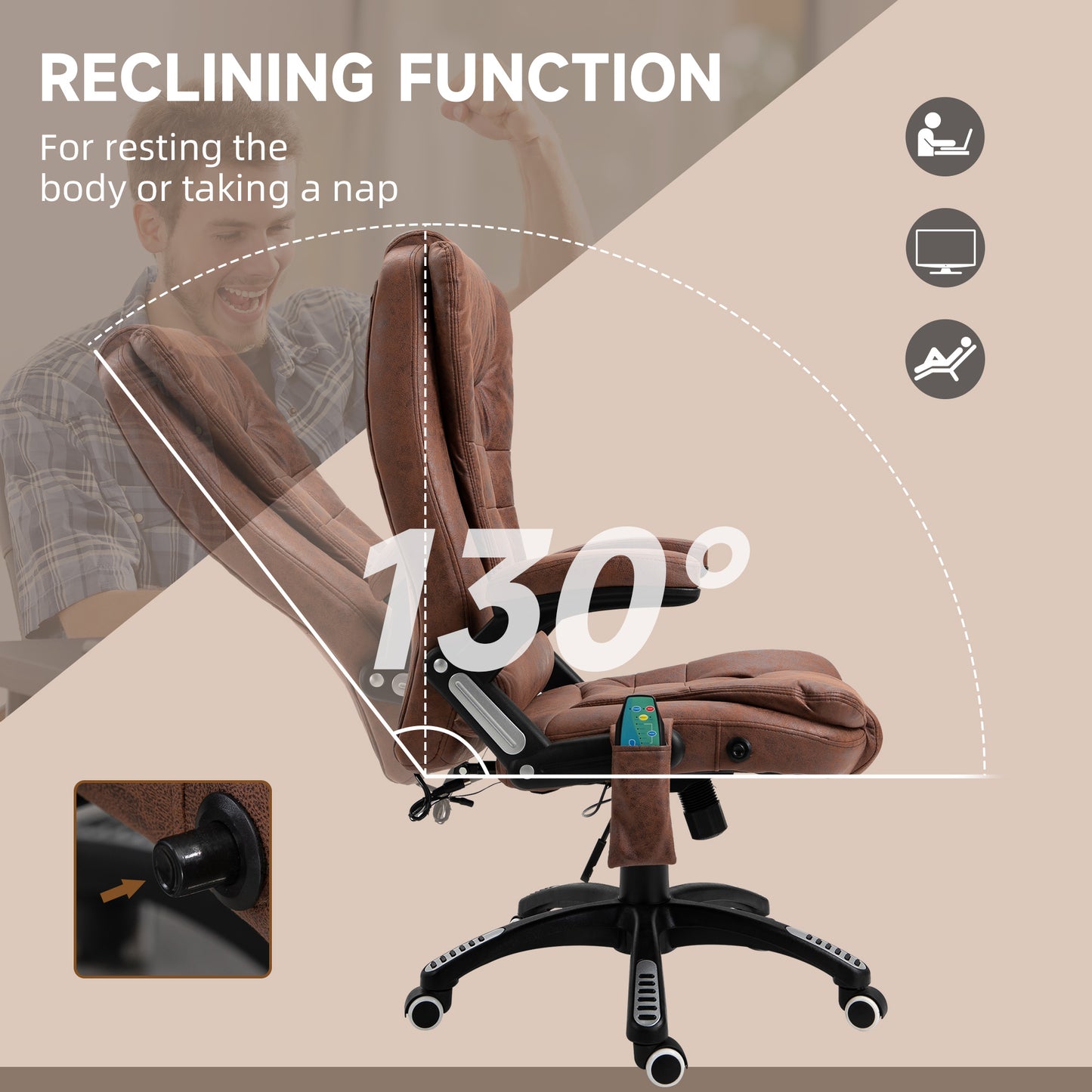 Image for Vinsetto Massage Recliner Chair Heated Office Chair with Six Massage Points Microfiber Cloth 360° Swivel Wheels Brown