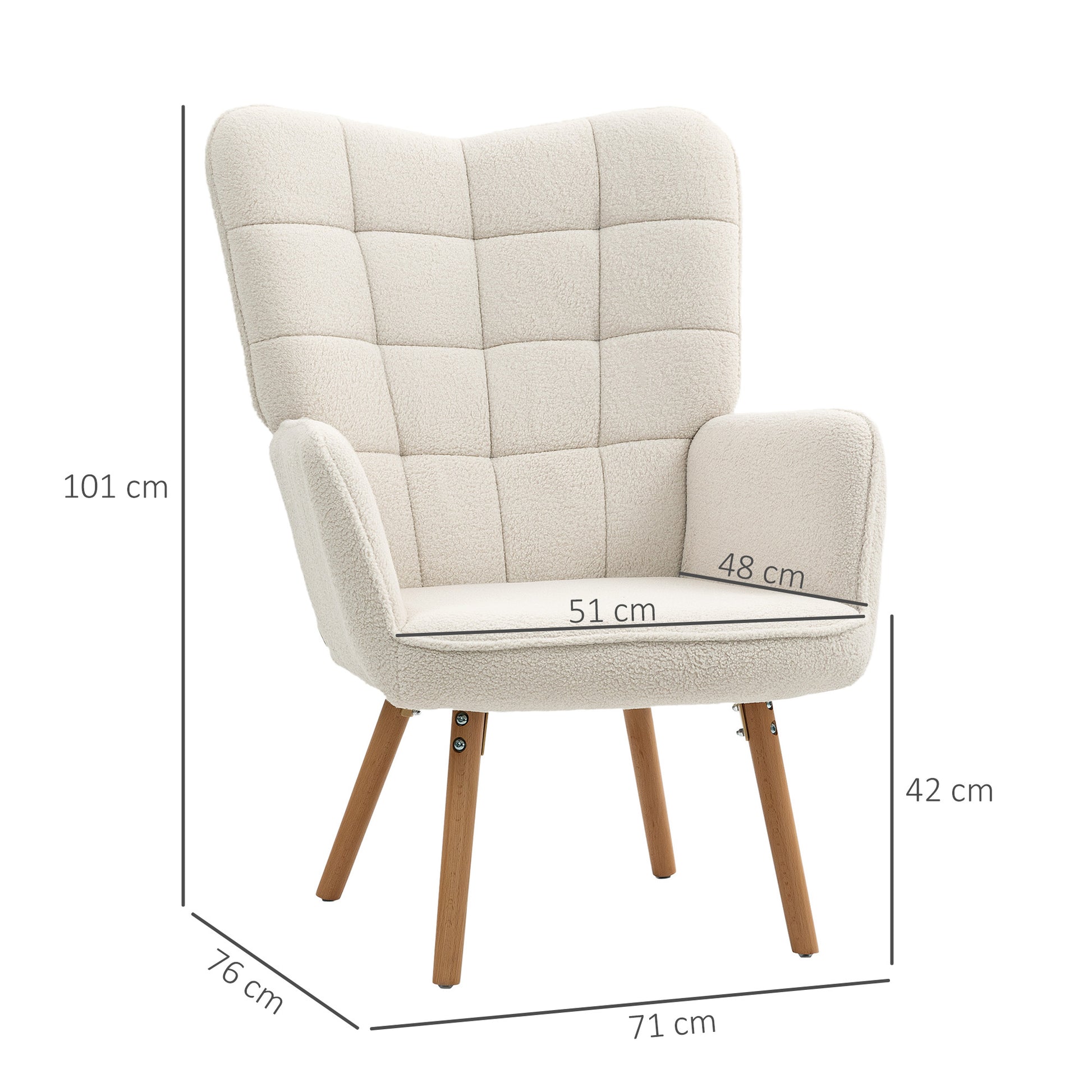 HOMCOM Modern Accent Chair, Upholstered Tufted Wingback Armchair with Seat Padding, Teddy Fleece Leisure Lounge Bedroom Chair with Wood Legs, Cream White - ChairwayUK