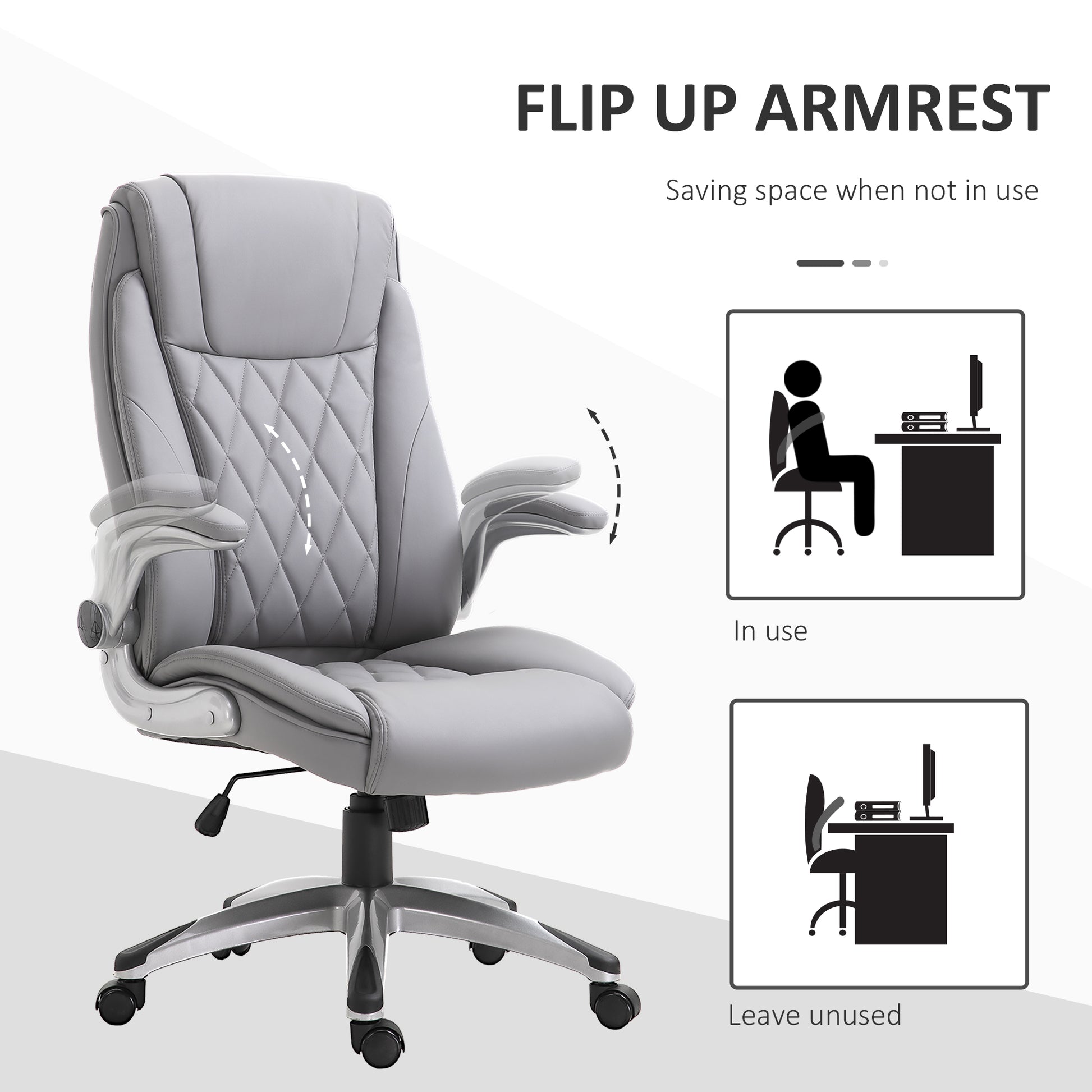 Image for Vinsetto High Back Executive Office Chair Home Swivel PU Leather Ergonomic Chair, with Flip-up Arm, Wheels, Adjustable Height, Grey