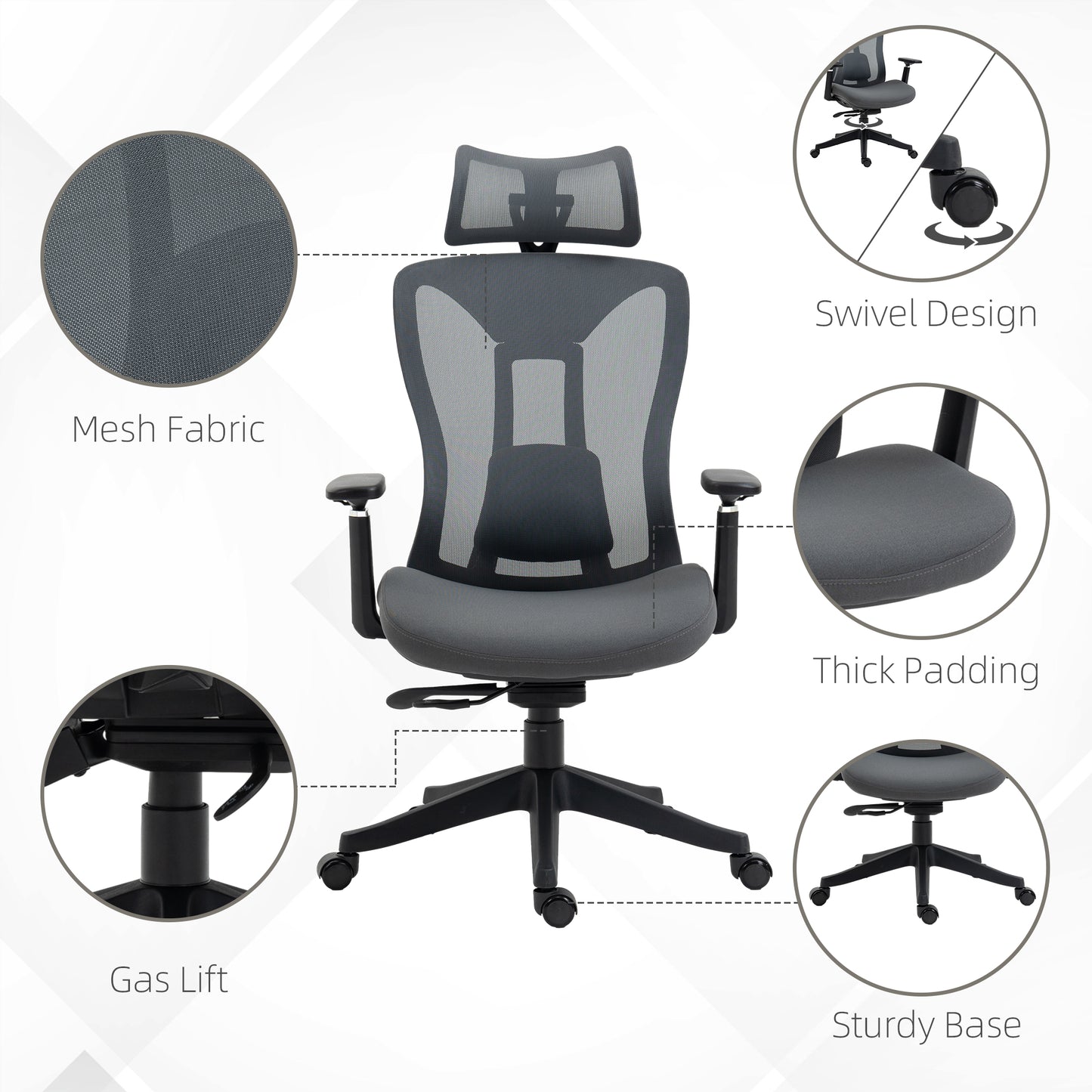 Image for Vinsetto Mesh Office Chair, Reclining Desk Chair with Adjustable Headrest, Lumbar Support, 3D Armrest, Sliding Seat, Swivel Wheels, Grey