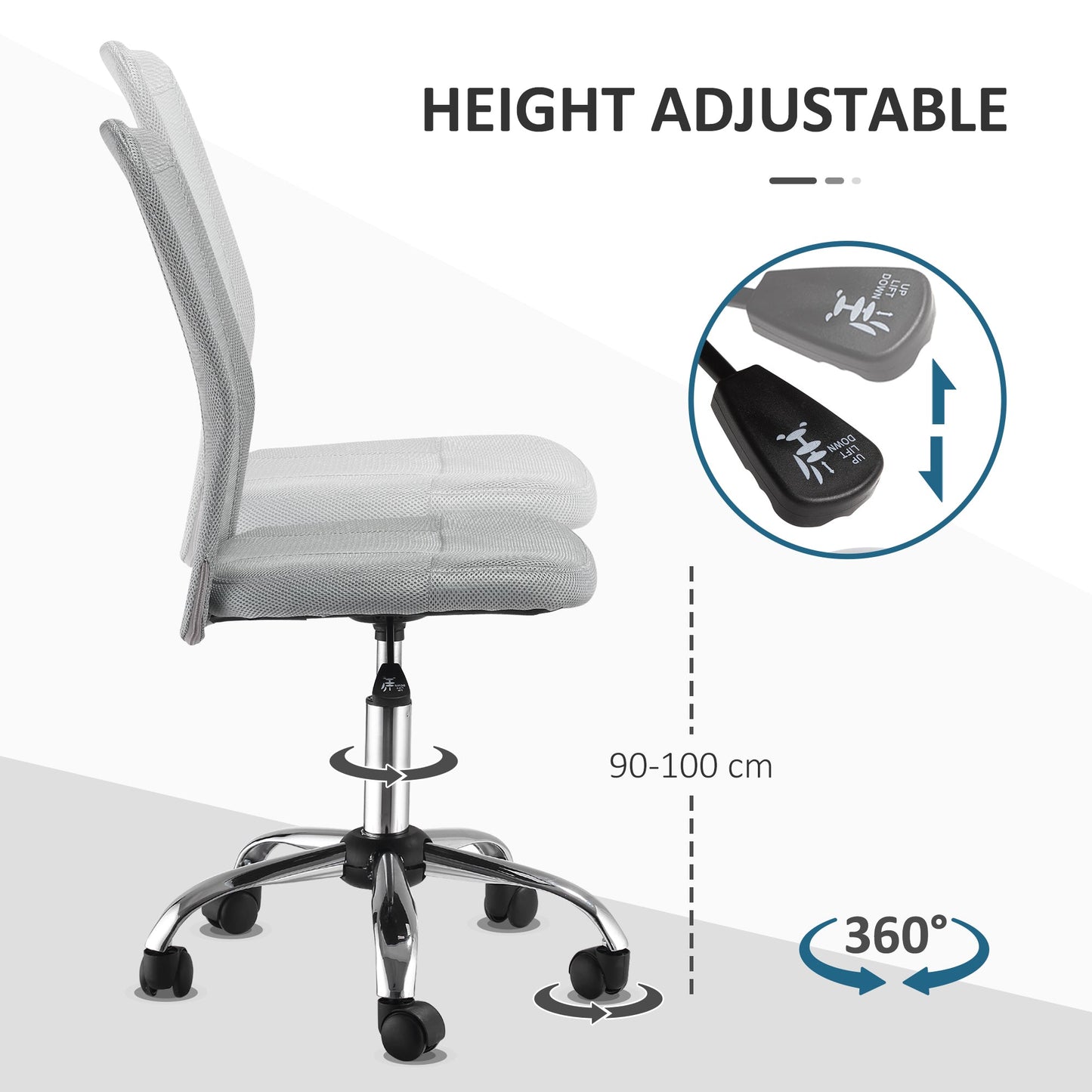 Vinsetto Computer Desk Chair, Mesh Office Chair with Adjustable Height and Swivel Wheels, Armless Study Chair