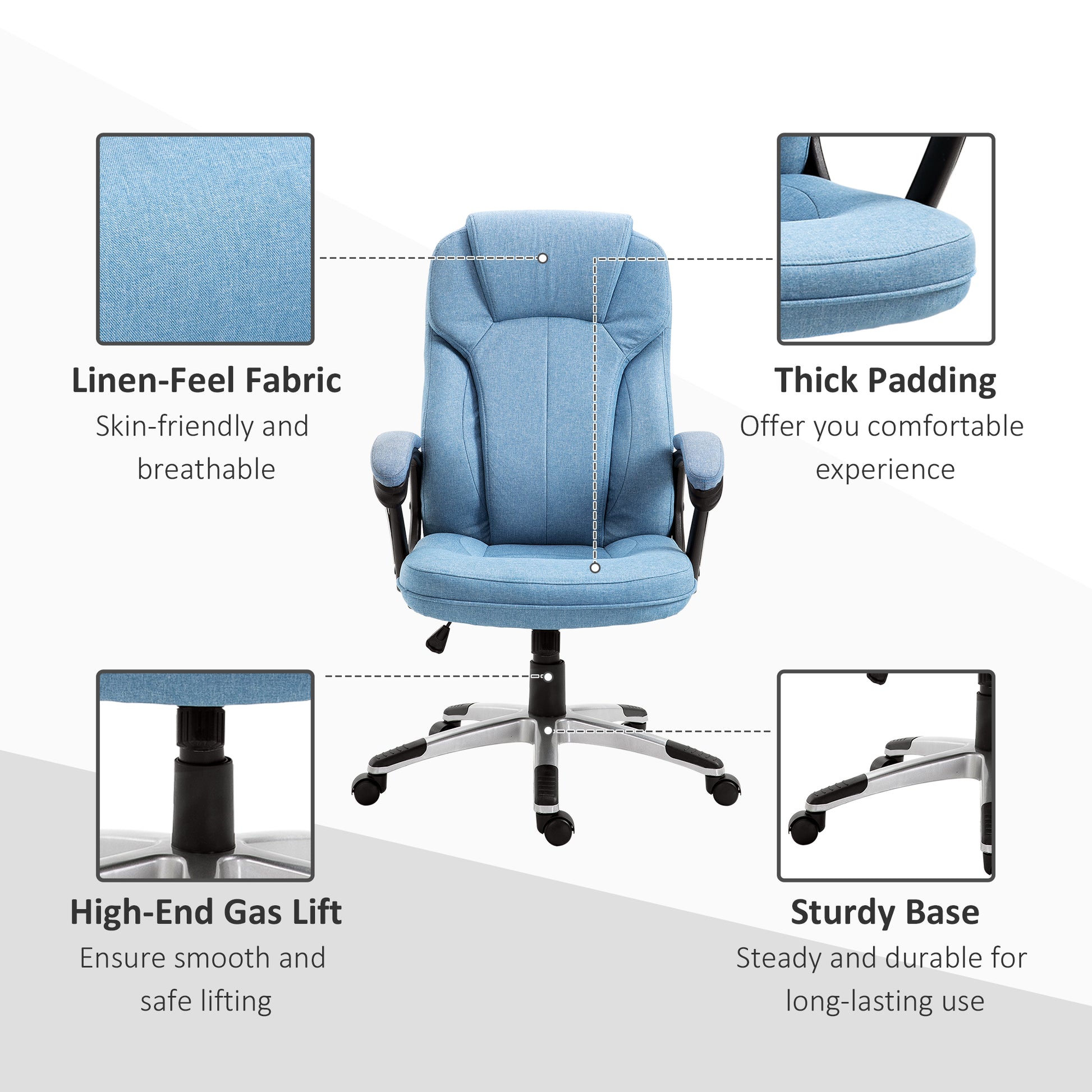 Image for Vinsetto Linen Fabric Home Office Chair, Height Adjustable Computer Chair with Padded Armrests and Tilt Function, Blue