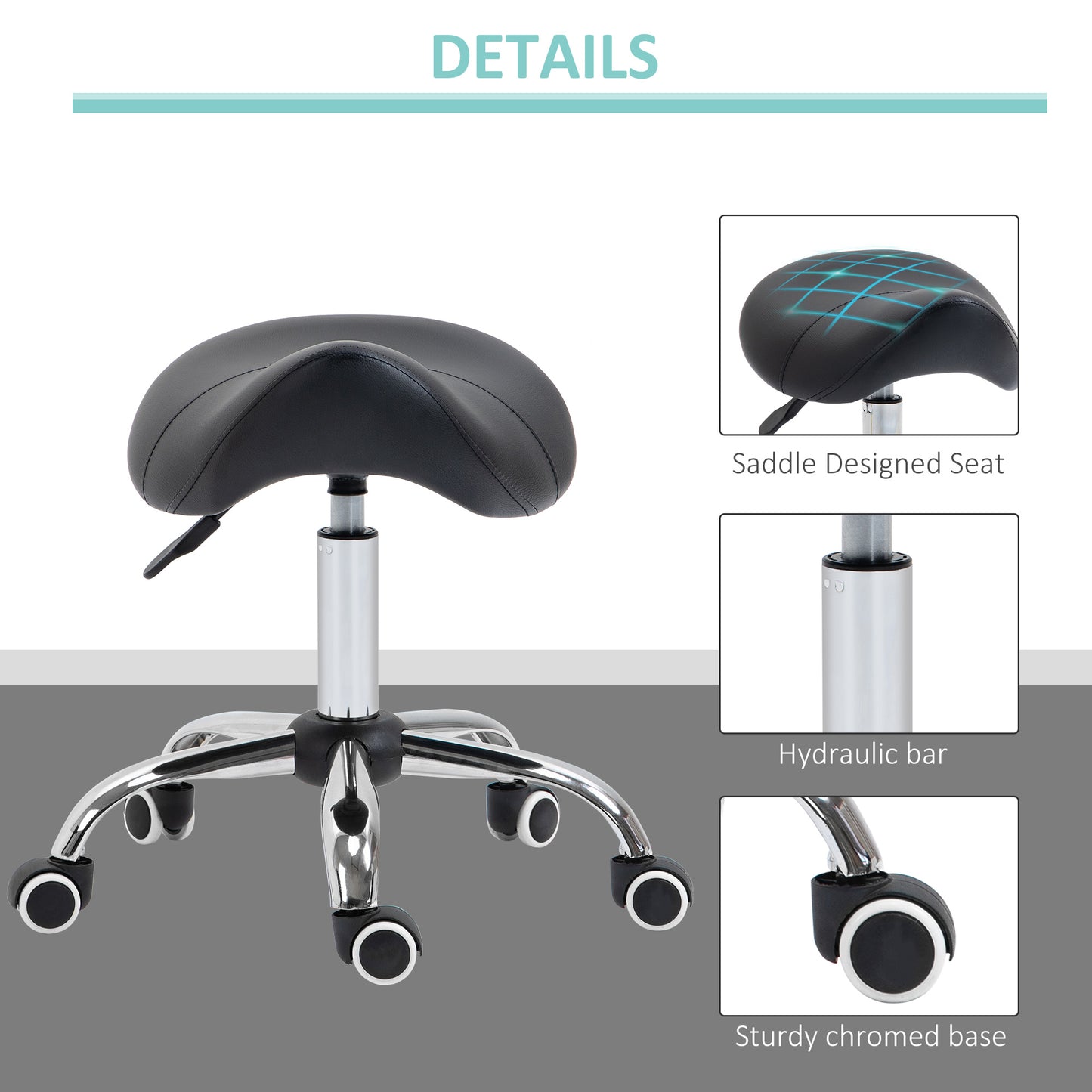 Image for HOMCOM Cosmetic Stool 360° Rotate Height Adjustable Salon Massage Spa Chair Hydraulic Rolling Faux Leather Saddle Stool Mobility - Black