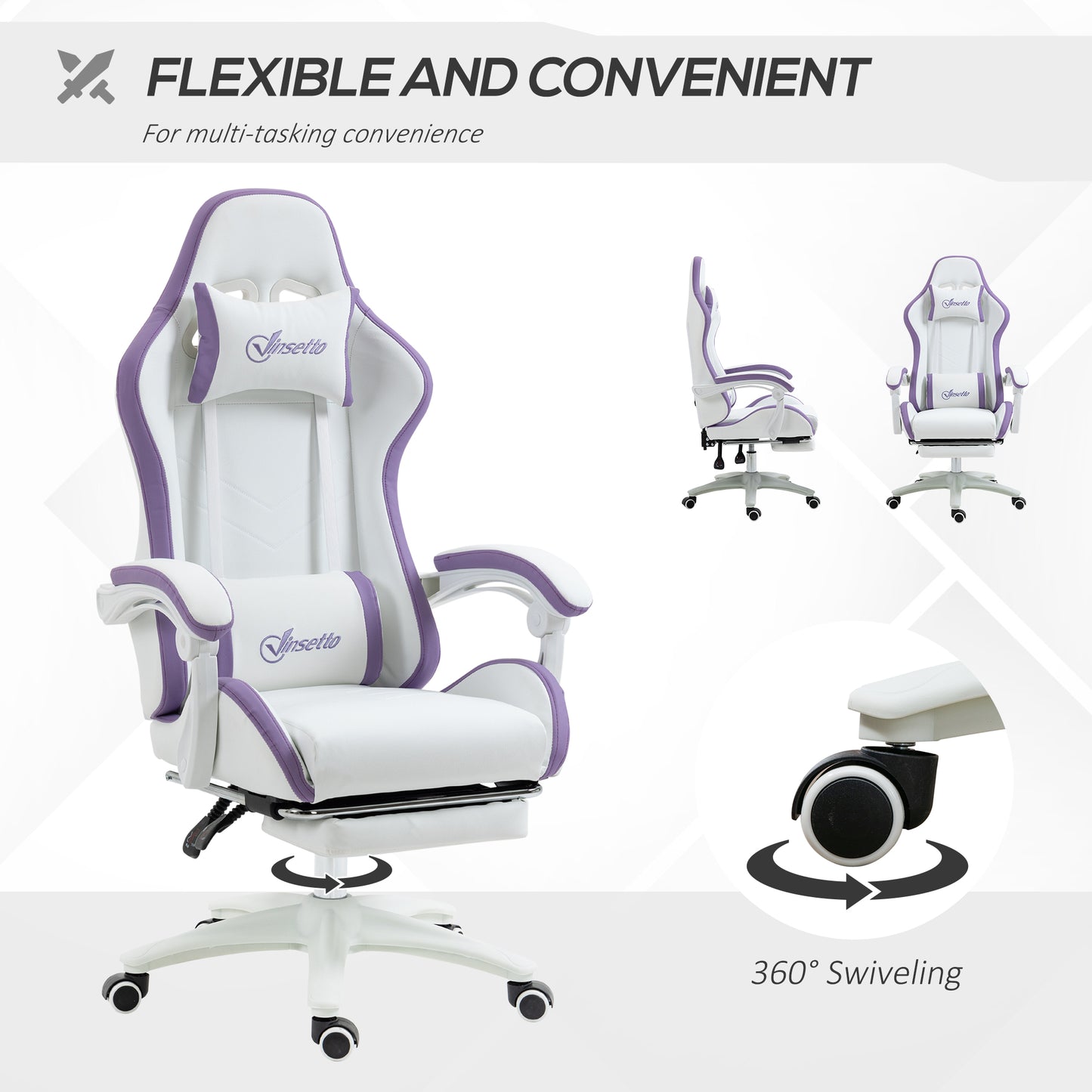 Image for Vinsetto Racing Gaming Chair, Reclining PU Leather Computer Chair with 360 Degree Swivel Seat, Footrest, Removable Headrest and Lumber Support, Purple