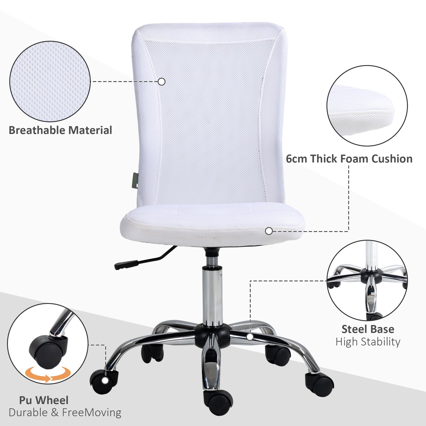 Image for Vinsetto Computer Desk Chair, Mesh Office Chair with Adjustable Height and Swivel Wheels, Armless Study Chair, White