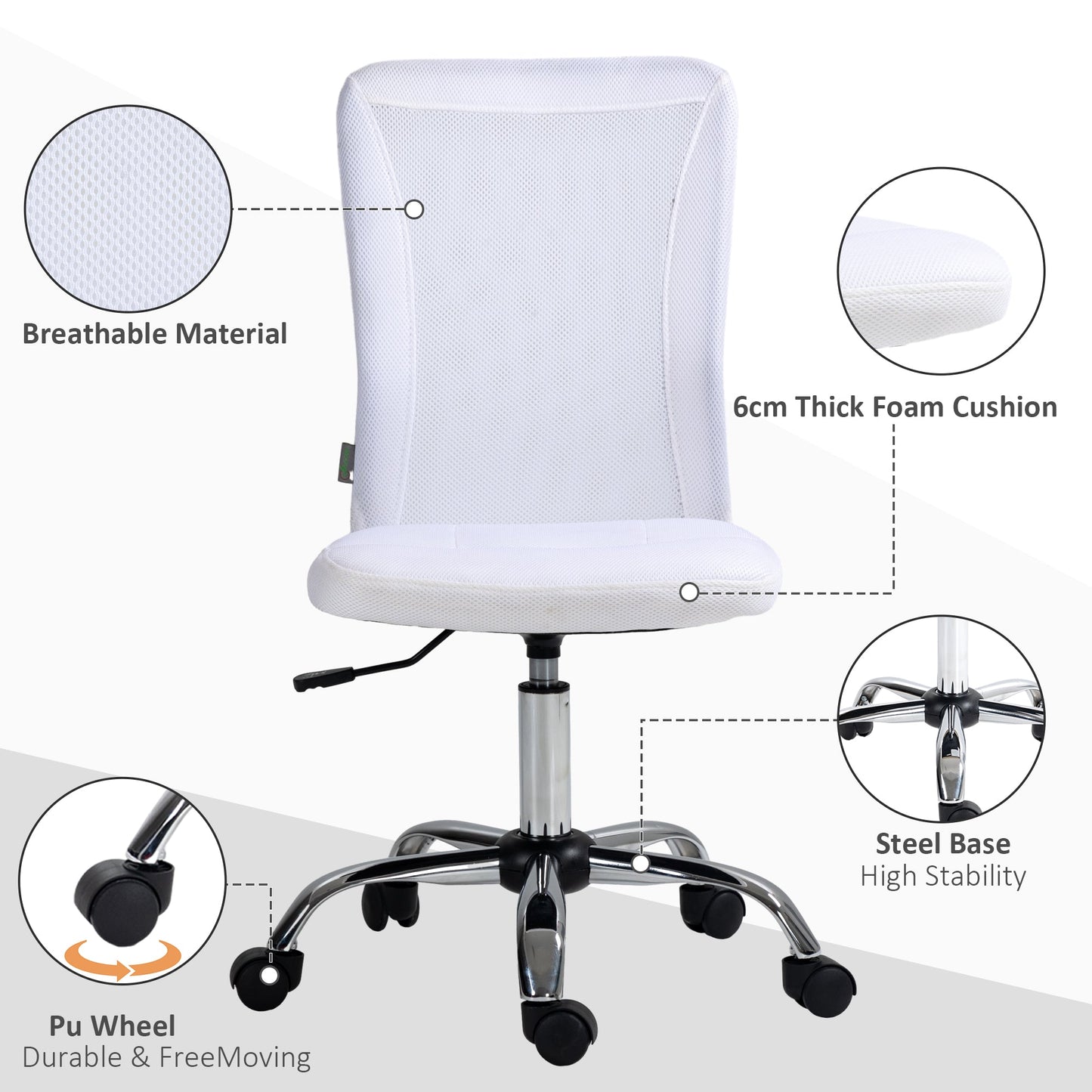 Vinsetto Computer Desk Chair, Mesh Office Chair with Adjustable Height and Swivel Wheels, Armless Study Chair