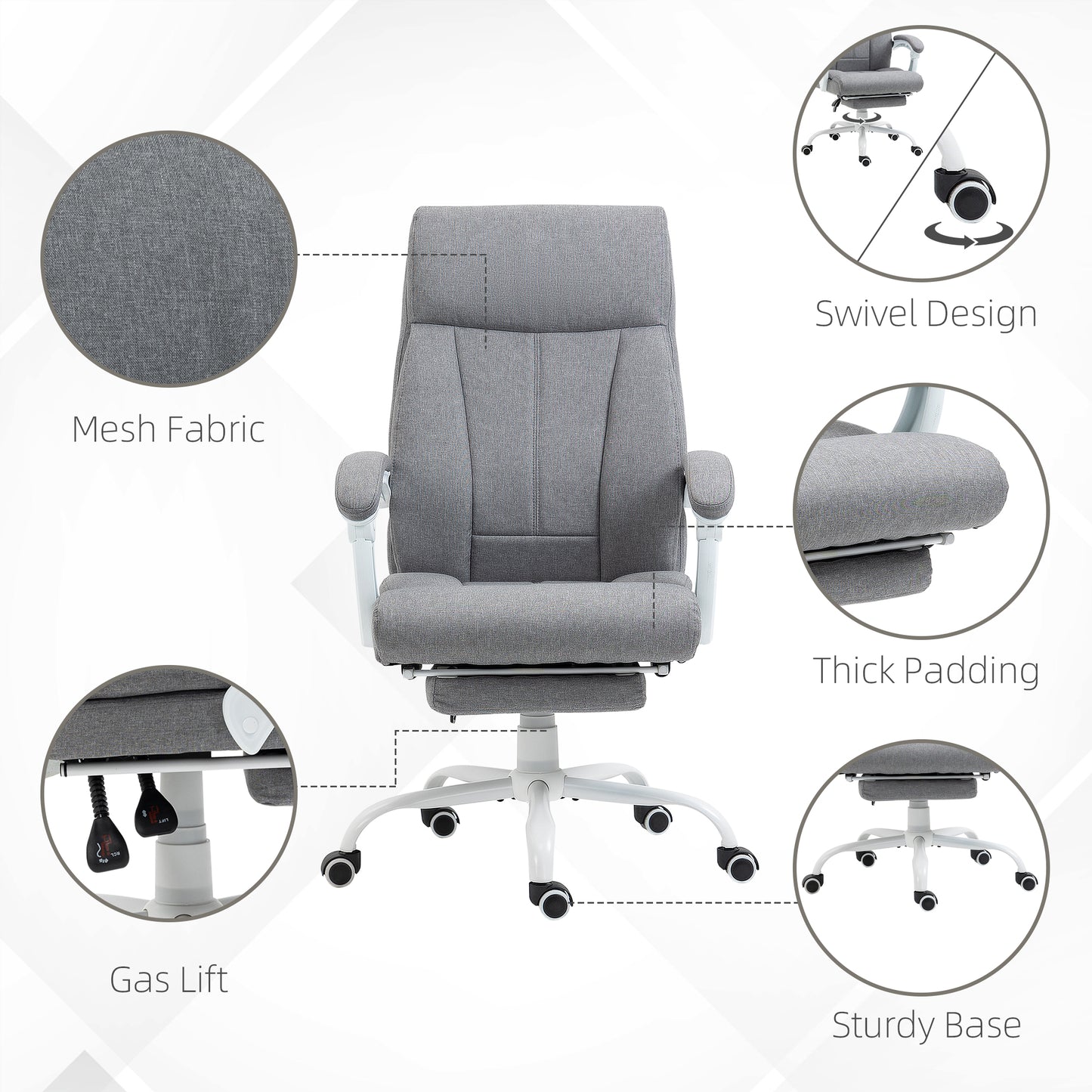 Image for Vinsetto Executive Office Chair, Fabric Reclining Desk Chair with Foot Rest, Arm, Swivel Wheels, Adjustable Height, Grey