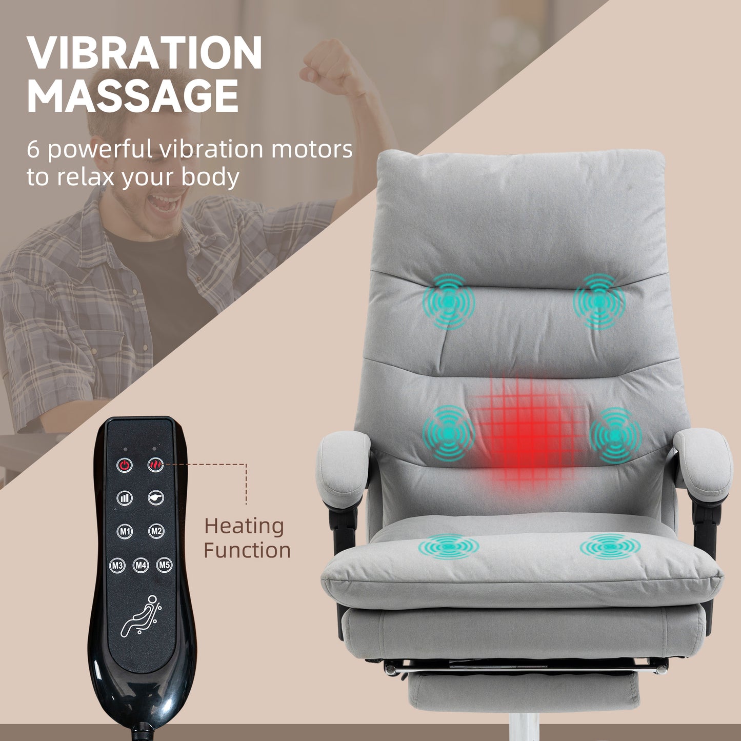 Image for Vinsetto Vibration Massage Office Chair with Heat, Microfibre Computer Chair with Footrest, Armrest, Reclining Back, Double-tier Padding, Grey