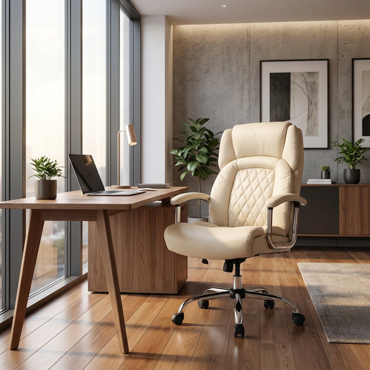 Beige Ergonomic high back with integrated headrest  Extra-wide, deep seat design with Thick cushion and high-density sponge  suing elastic springs  and padded armrests and Rocking backrest (90°–115°) with  360° swivel seat. including Height adjustable seat and Heavy-duty steel base. Class-4 gas lift and Smooth rolling castors for Modern executive style in Lifestyle