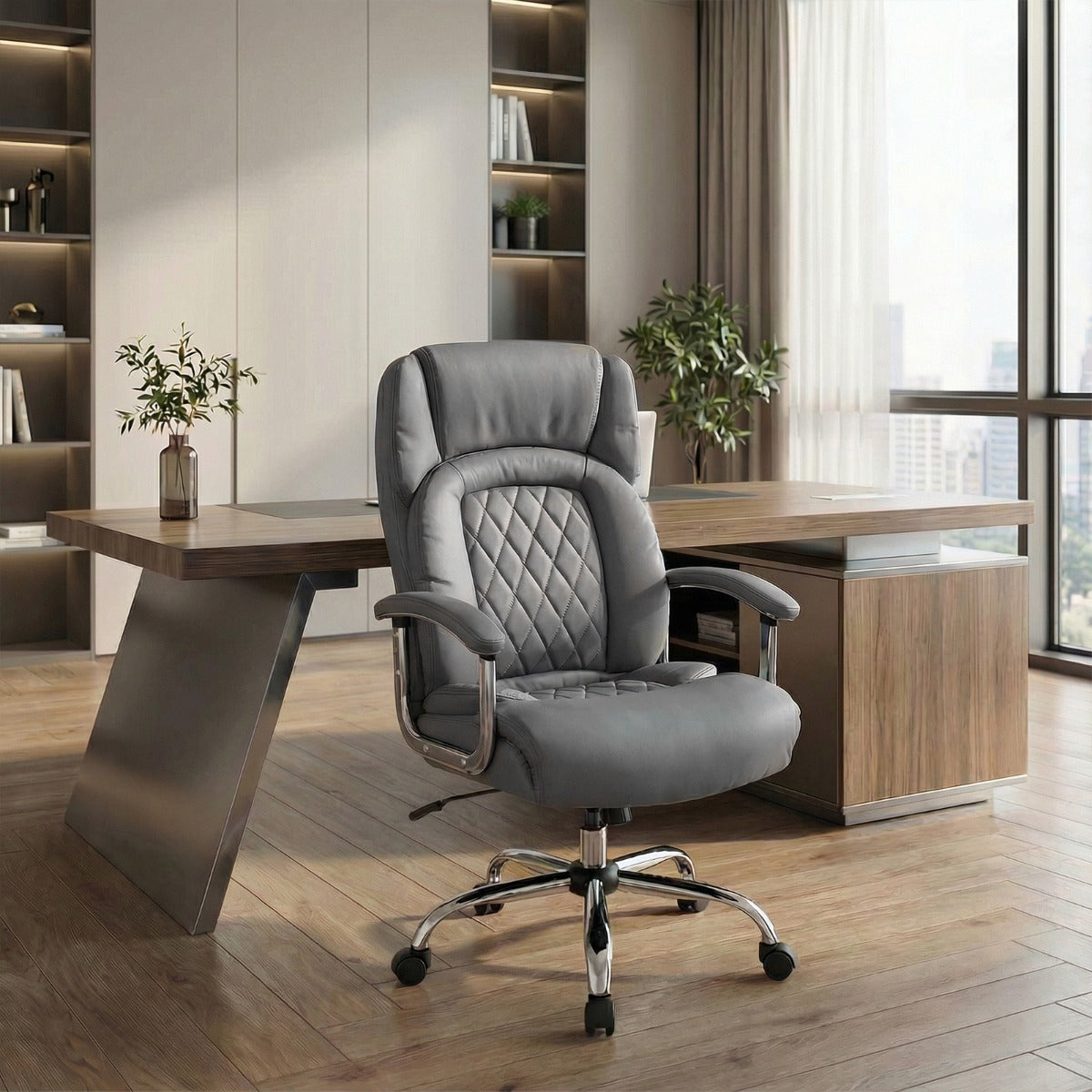 Grey Ergonomic high back with integrated headrest  Extra-wide, deep seat design with Thick cushion and high-density sponge  suing elastic springs  and padded armrests and Rocking backrest (90°–115°) with  360° swivel seat. including Height adjustable seat and Heavy-duty steel base. Class-4 gas lift and Smooth rolling castors for Modern executive style in Lifestyle