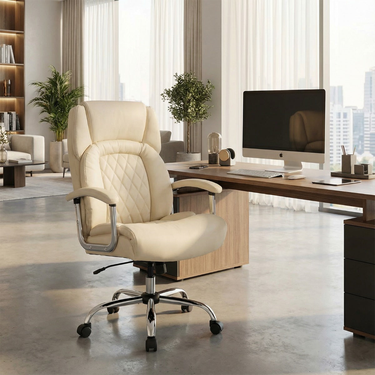 Beige Ergonomic high back with integrated headrest  Extra-wide, deep seat design with Thick cushion and high-density sponge  suing elastic springs  and padded armrests and Rocking backrest (90°–115°) with  360° swivel seat. including Height adjustable seat and Heavy-duty steel base. Class-4 gas lift and Smooth rolling castors for Modern executive style in Lifestyle