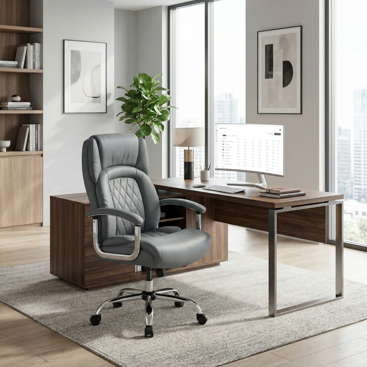 Grey Ergonomic high back with integrated headrest  Extra-wide, deep seat design with Thick cushion and high-density sponge  suing elastic springs  and padded armrests and Rocking backrest (90°–115°) with  360° swivel seat. including Height adjustable seat and Heavy-duty steel base. Class-4 gas lift and Smooth rolling castors for Modern executive style in Lifestyle