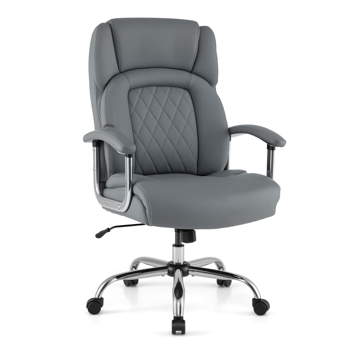 Grey Ergonomic high back with integrated headrest  Extra-wide, deep seat design with Thick cushion and high-density sponge  suing elastic springs  and padded armrests and Rocking backrest (90°–115°) with  360° swivel seat. including Height adjustable seat and Heavy-duty steel base. Class-4 gas lift and Smooth rolling castors for Modern executive style  main 