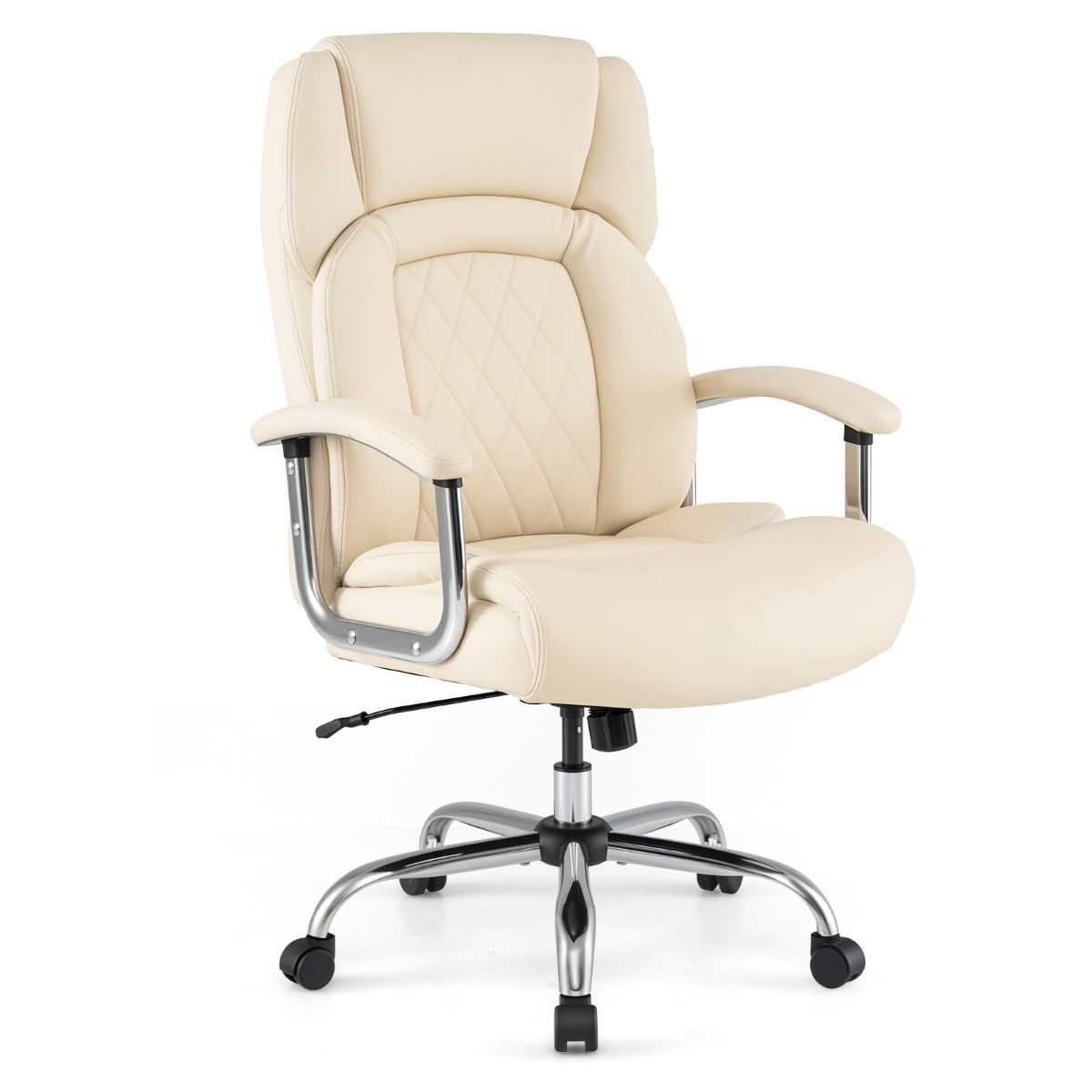 Beige Ergonomic high back with integrated headrest  Extra-wide, deep seat design with Thick cushion and high-density sponge  suing elastic springs  and padded armrests and Rocking backrest (90°–115°) with  360° swivel seat. including Height adjustable seat and Heavy-duty steel base. Class-4 gas lift and Smooth rolling castors for Modern executive style  main 