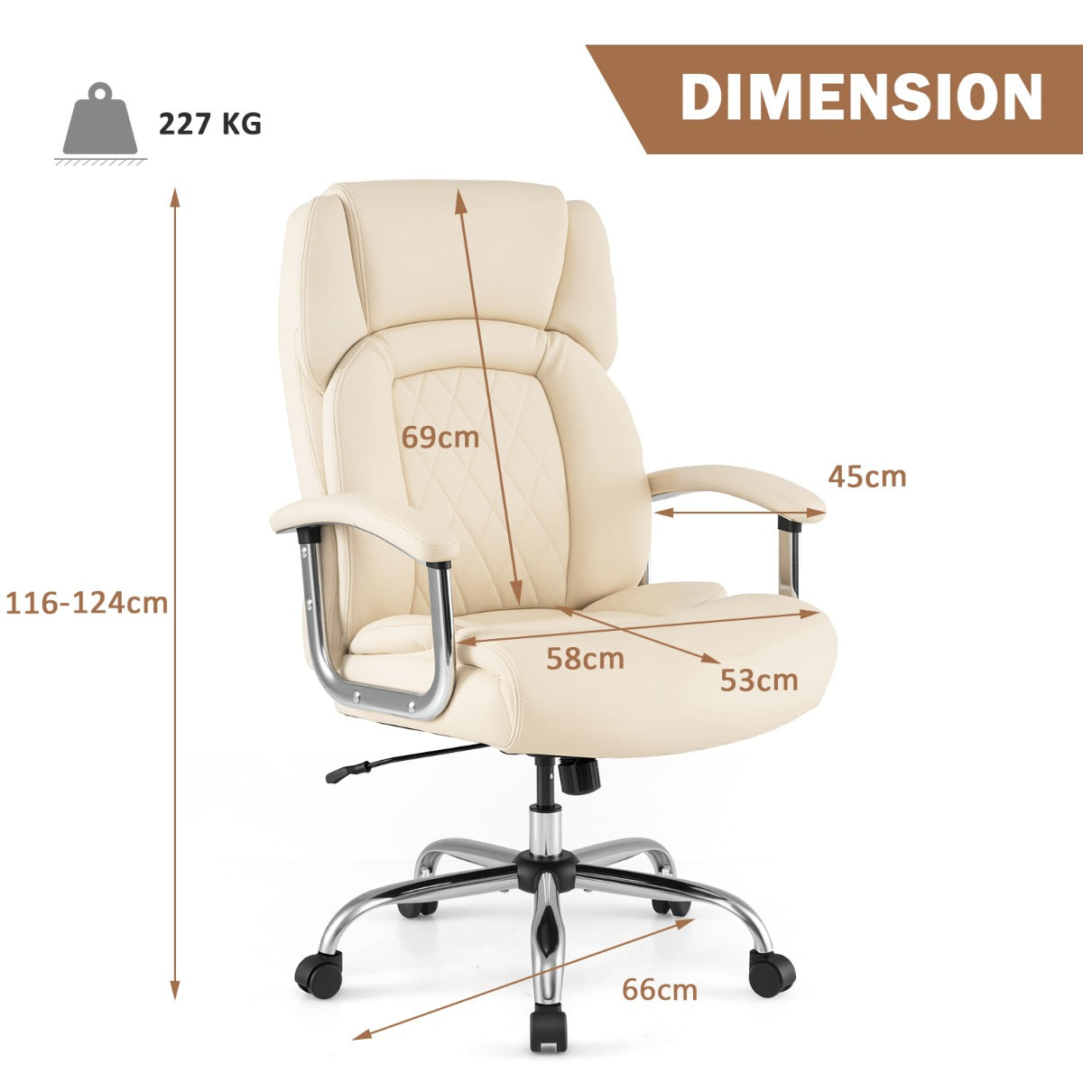 Beige Ergonomic high back with integrated headrest  Extra-wide, deep seat design with Thick cushion and high-density sponge  suing elastic springs  and padded armrests and Rocking backrest (90°–115°) with  360° swivel seat. including Height adjustable seat and Heavy-duty steel base. Class-4 gas lift and Smooth rolling castors for Modern executive style  Dimensions