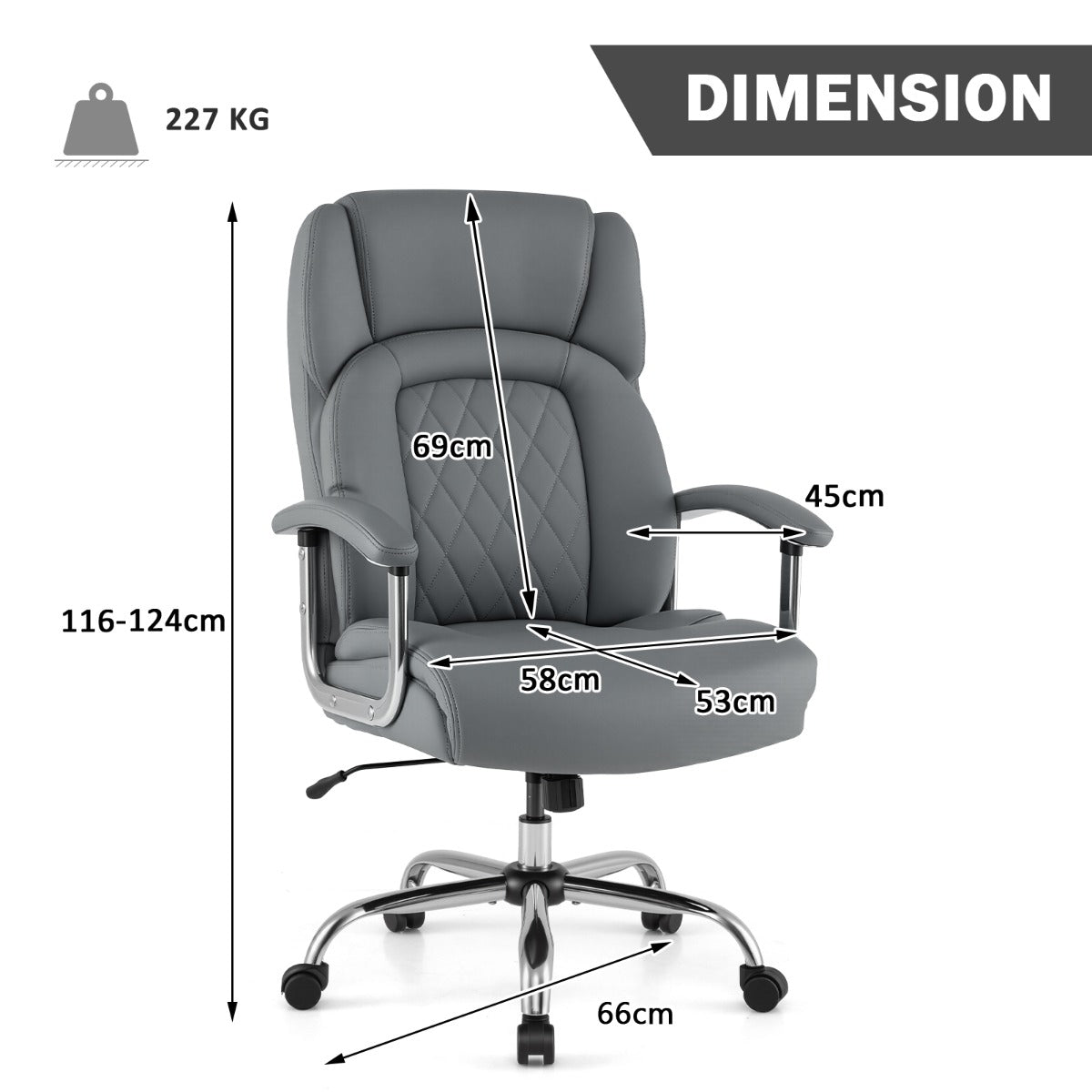 Grey Ergonomic high back with integrated headrest  Extra-wide, deep seat design with Thick cushion and high-density sponge  suing elastic springs  and padded armrests and Rocking backrest (90°–115°) with  360° swivel seat. including Height adjustable seat and Heavy-duty steel base. Class-4 gas lift and Smooth rolling castors for Modern executive style  Dimensions