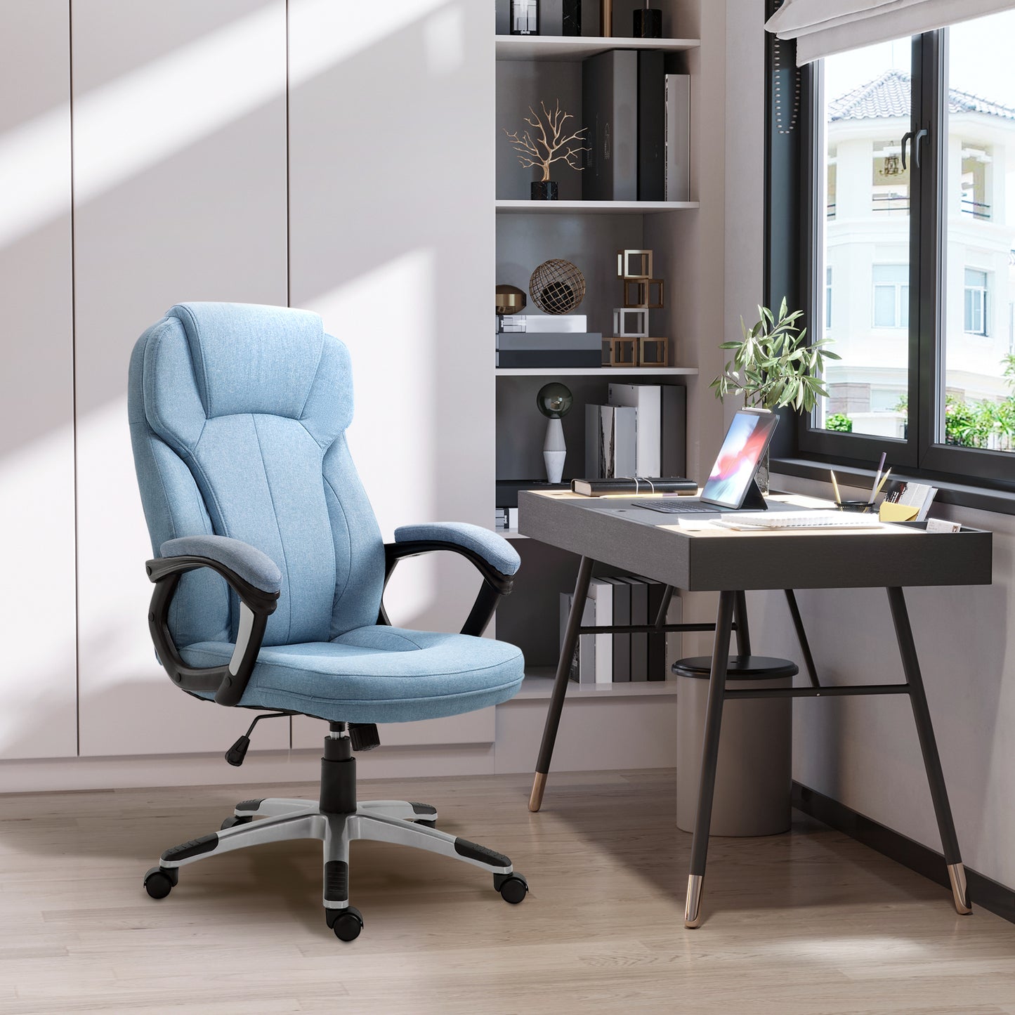 Image for Vinsetto Linen Fabric Home Office Chair, Height Adjustable Computer Chair with Padded Armrests and Tilt Function, Blue