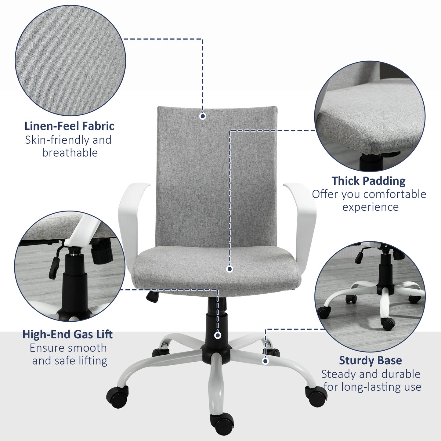 Image for Vinsetto Office Chair Linen Swivel Computer Desk Chair Home Study Task Chair with Wheels, Arm, Adjustable Height, Light Grey