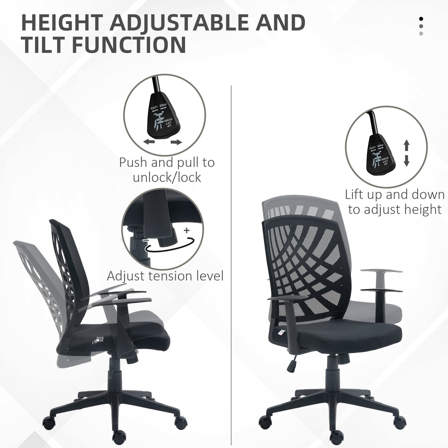 Image for HOMCOM Ergonomic Office Chair, Height Adjustable Mesh Chair, Desk Chair with Swivel Wheels for Home Office, Black