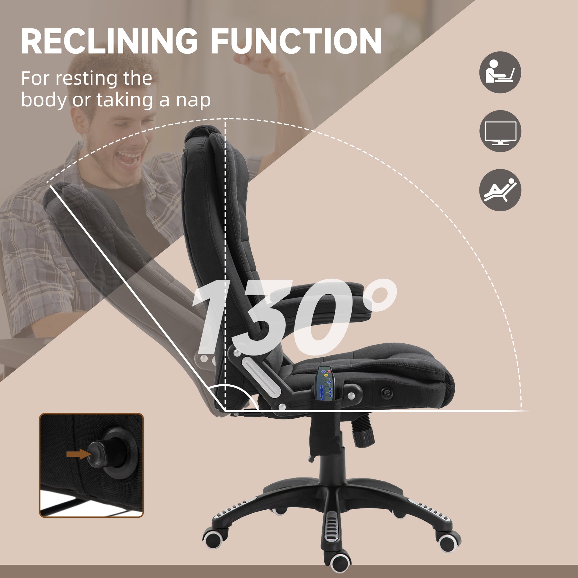 Image for Vinsetto Massage Recliner Chair Heated Office Chair with Six Massage Points Linen-Feel Fabric 360° Swivel Wheels Black