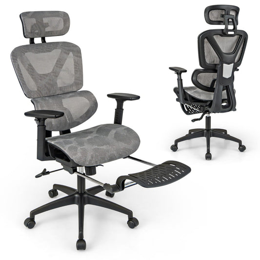 Mesh Office Chair with Retractable Footrest and Waterfall Seat-Grey Main and back 2D adjustable headrest for proper neck alignment Double-back structure with elastic lumbar support