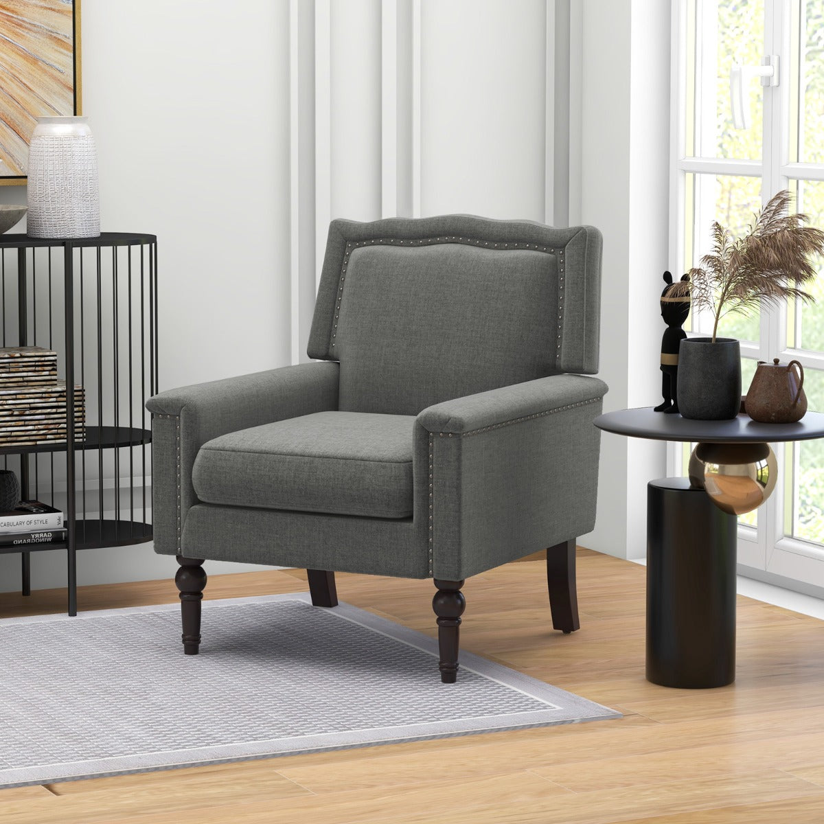 Mid-century Modern Armchair with Thick Cushion  Rubber Wood Legs Grey
Versatile styling for living room, bedroom, or study