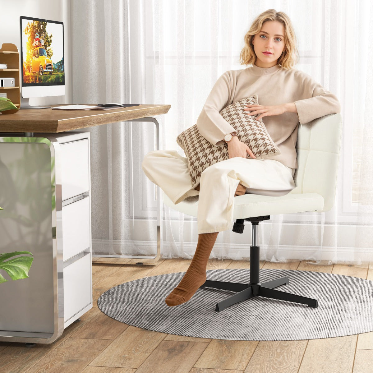 PU Leather Upholstered Armless Cross Legged Office Desk Chair No Wheels