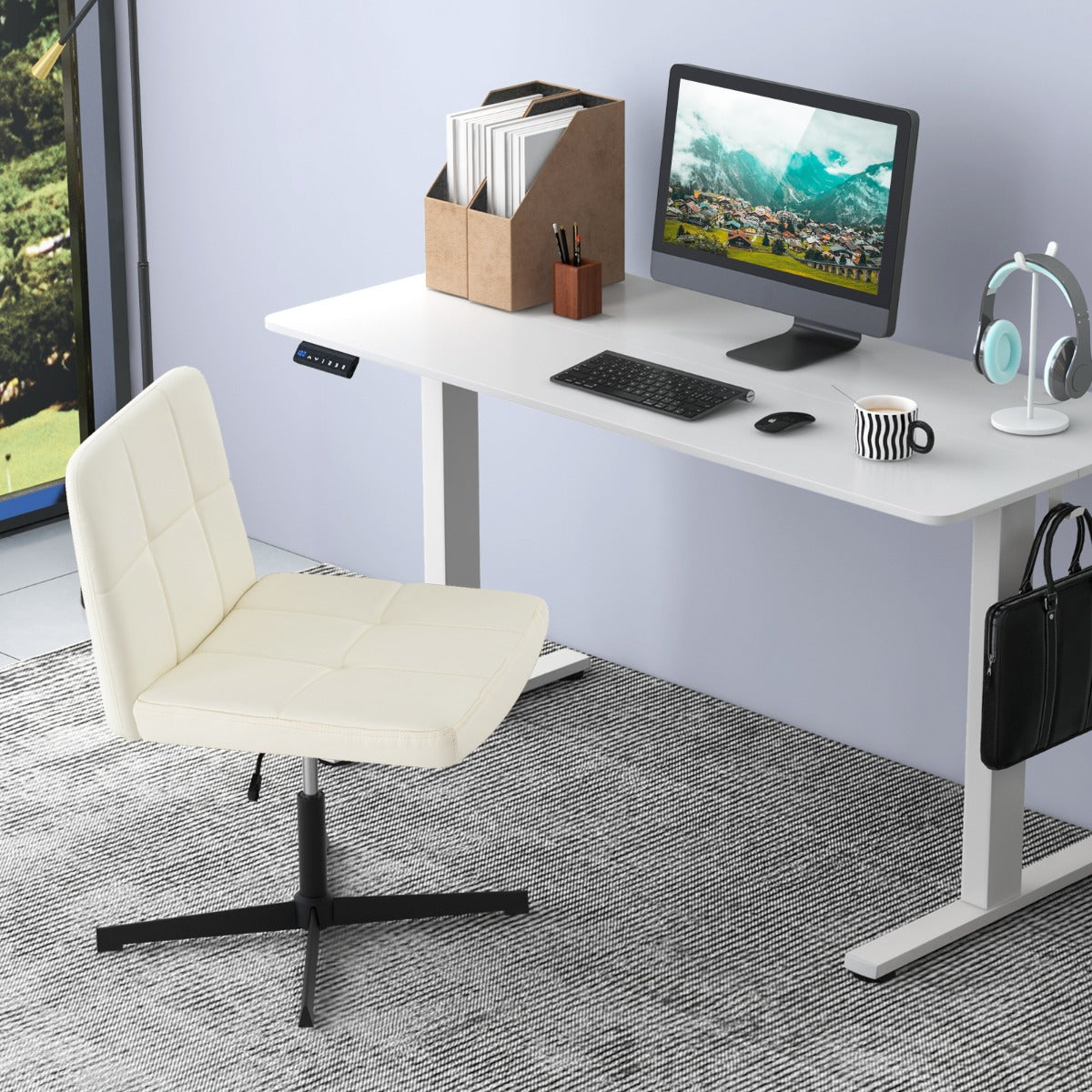 PU Leather Upholstered Armless Cross Legged Office Desk Chair No Wheels