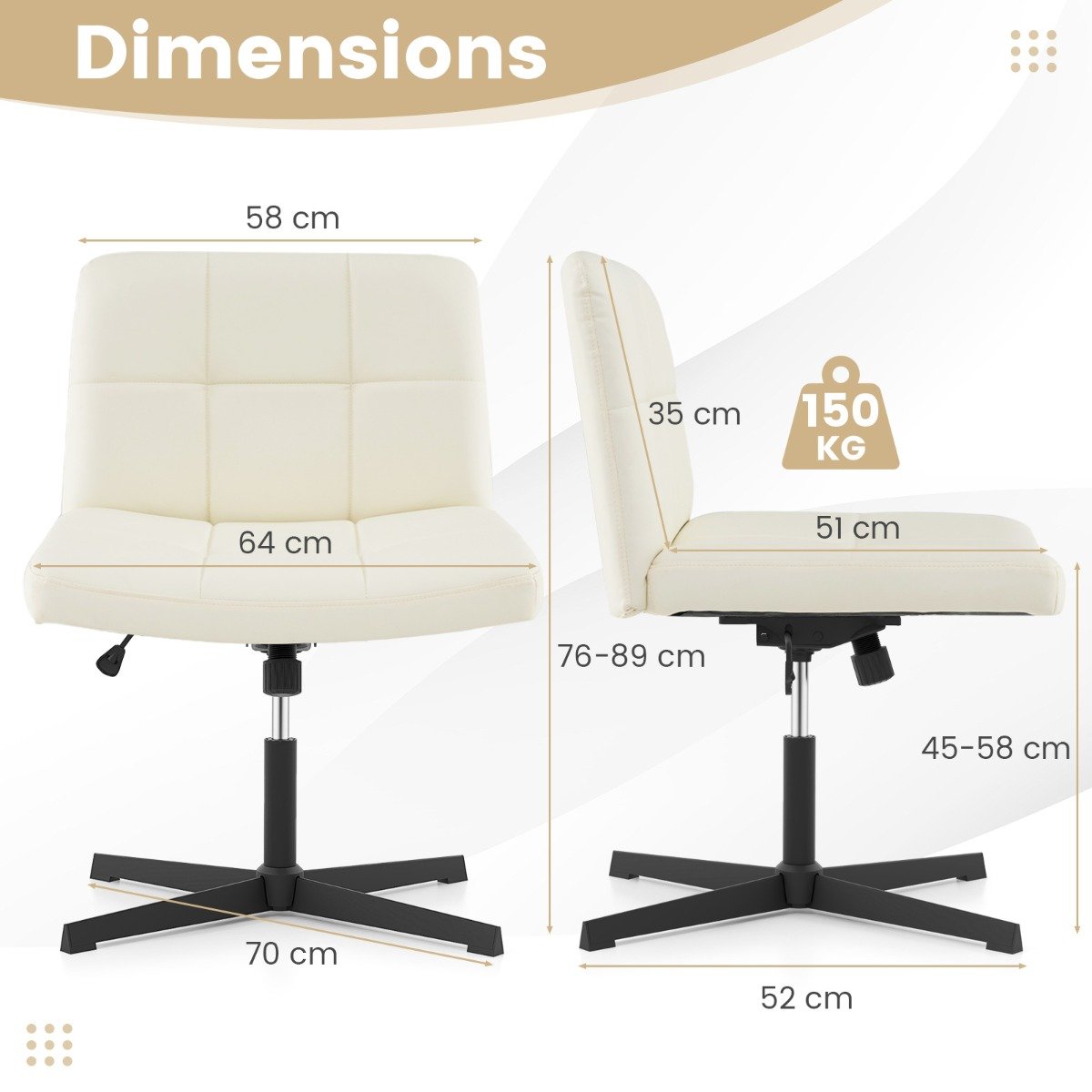 PU Leather Upholstered Armless Cross Legged Office Desk Chair No Wheels