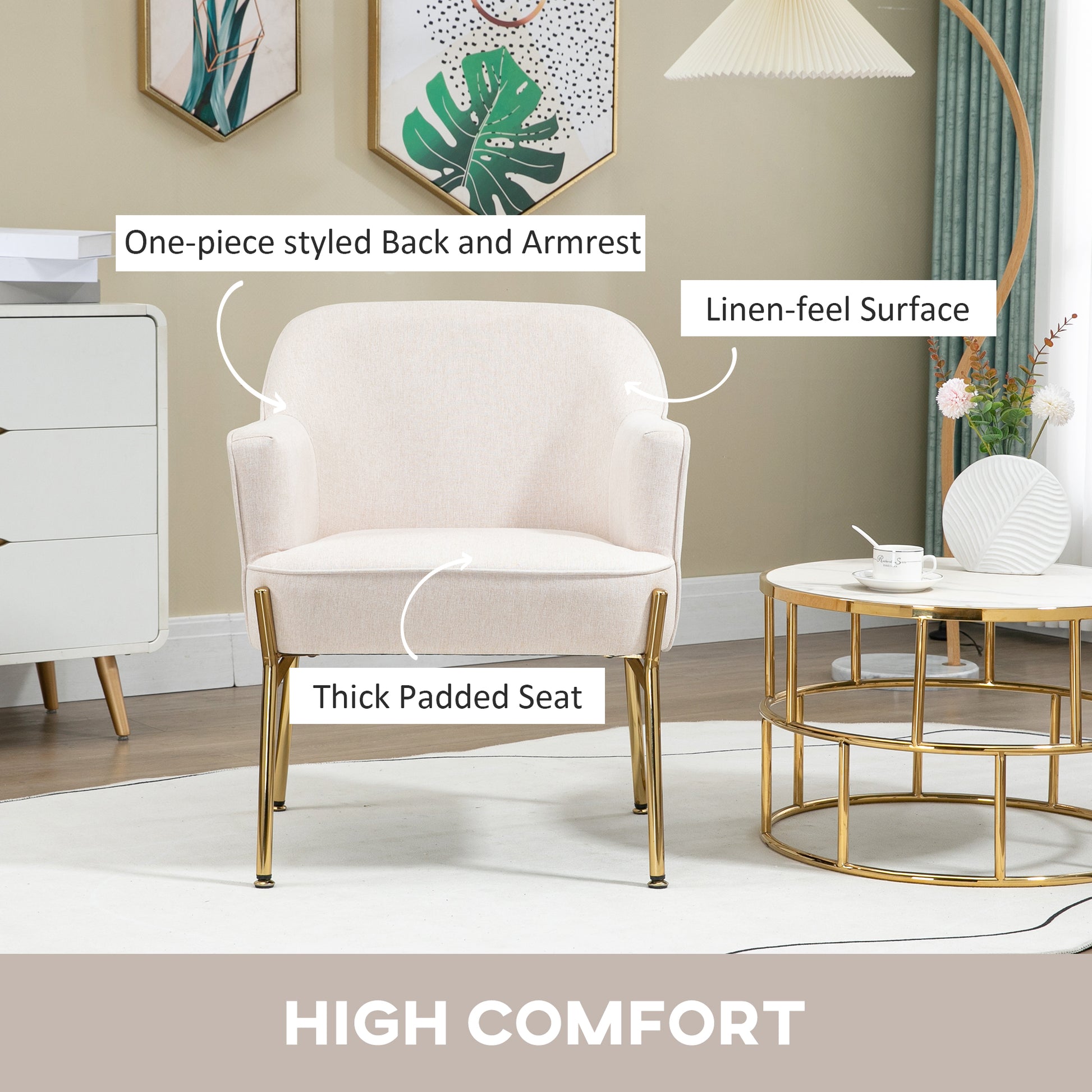 HOMCOM Accent Chair, Living Room Armchair, Vanity Chair with Gold Plating Metal Legs and Soft Padded Seat for Bedroom and CafÃ©, Set of 2, White - ChairwayUK