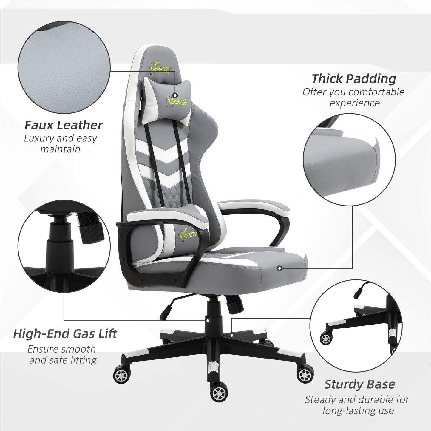 Image for Vinsetto Racing Gaming Chair with Lumbar Support, Headrest, Swivel Wheel, PVC Leather Gamer Desk Chair for Home Office, Grey White