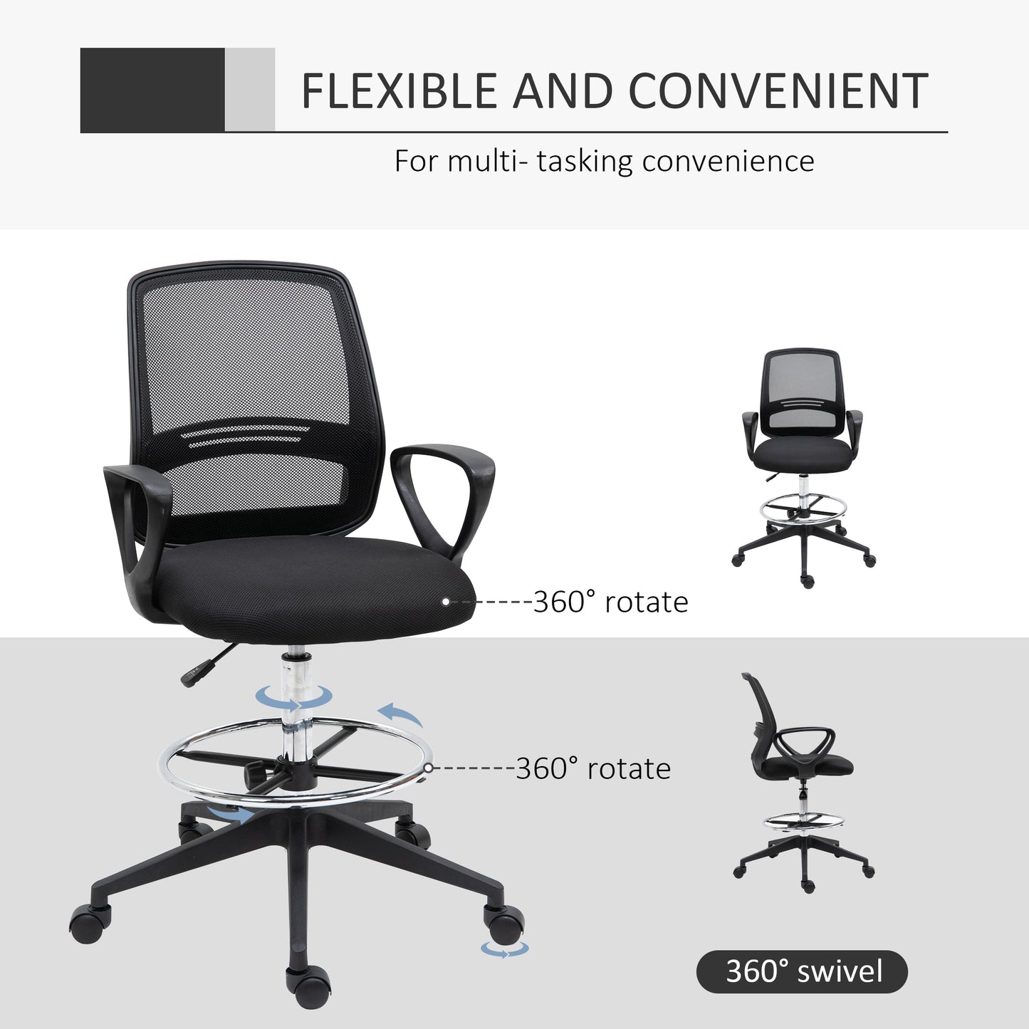 Image for Vinsetto Ergonomic Mesh Back Drafting Chair Tall Office Chair with Adjustable Height and Footrest 360° Swivel