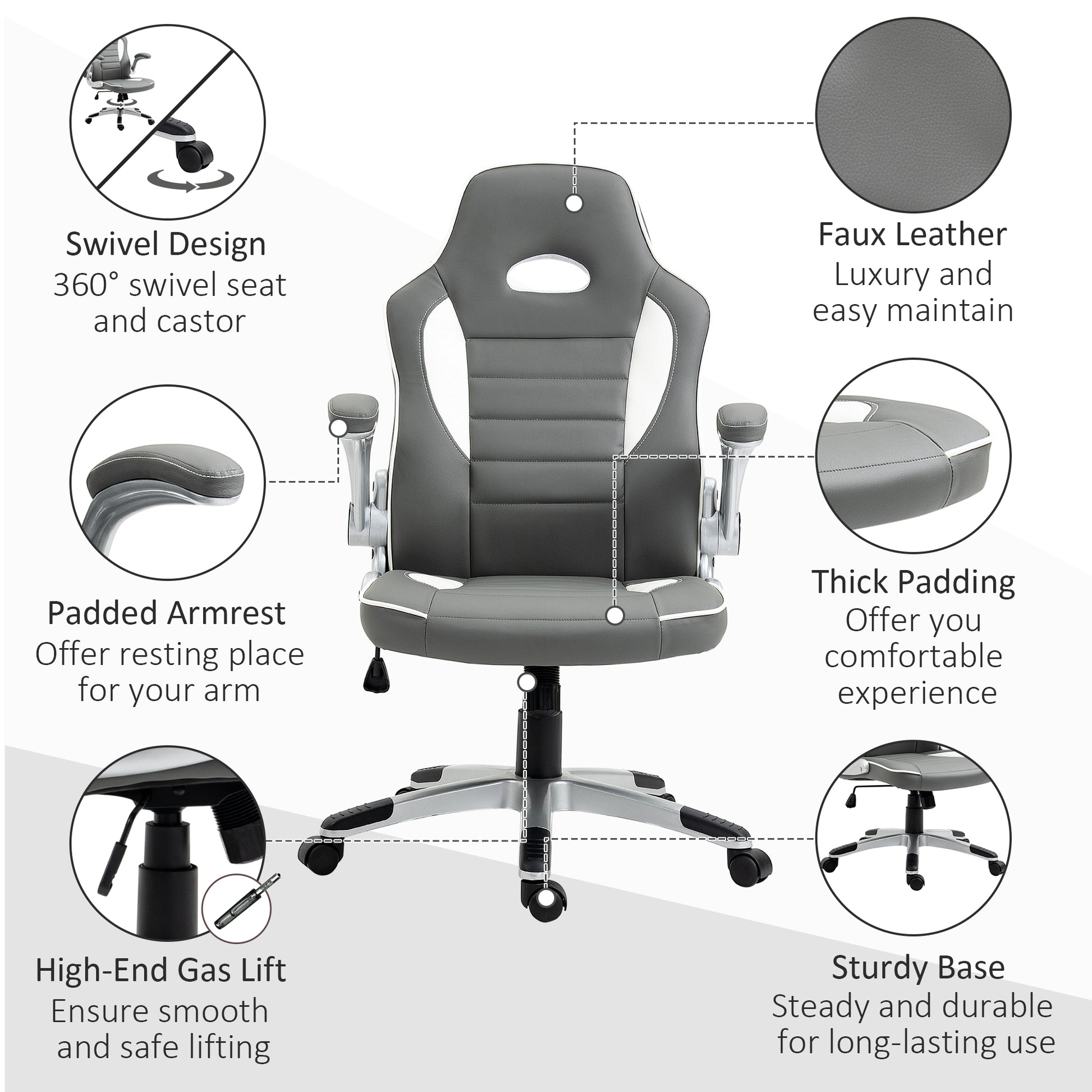 Image for HOMCOM Racing Gaming Chair, PU Leather Computer Desk Chair, Height Adjustable Swivel Chair With Tilt Function and Flip Up Armrests, Grey