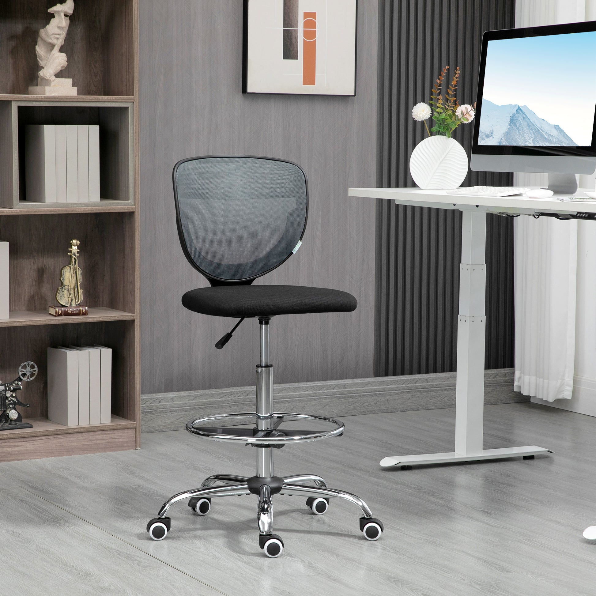 Image for Vinsetto Drafting Chair, Swivel Office Draughtsman Chair, Mesh Standing Desk Chair with Lumbar Support, Adjustable Foot Ring, Armless, Grey