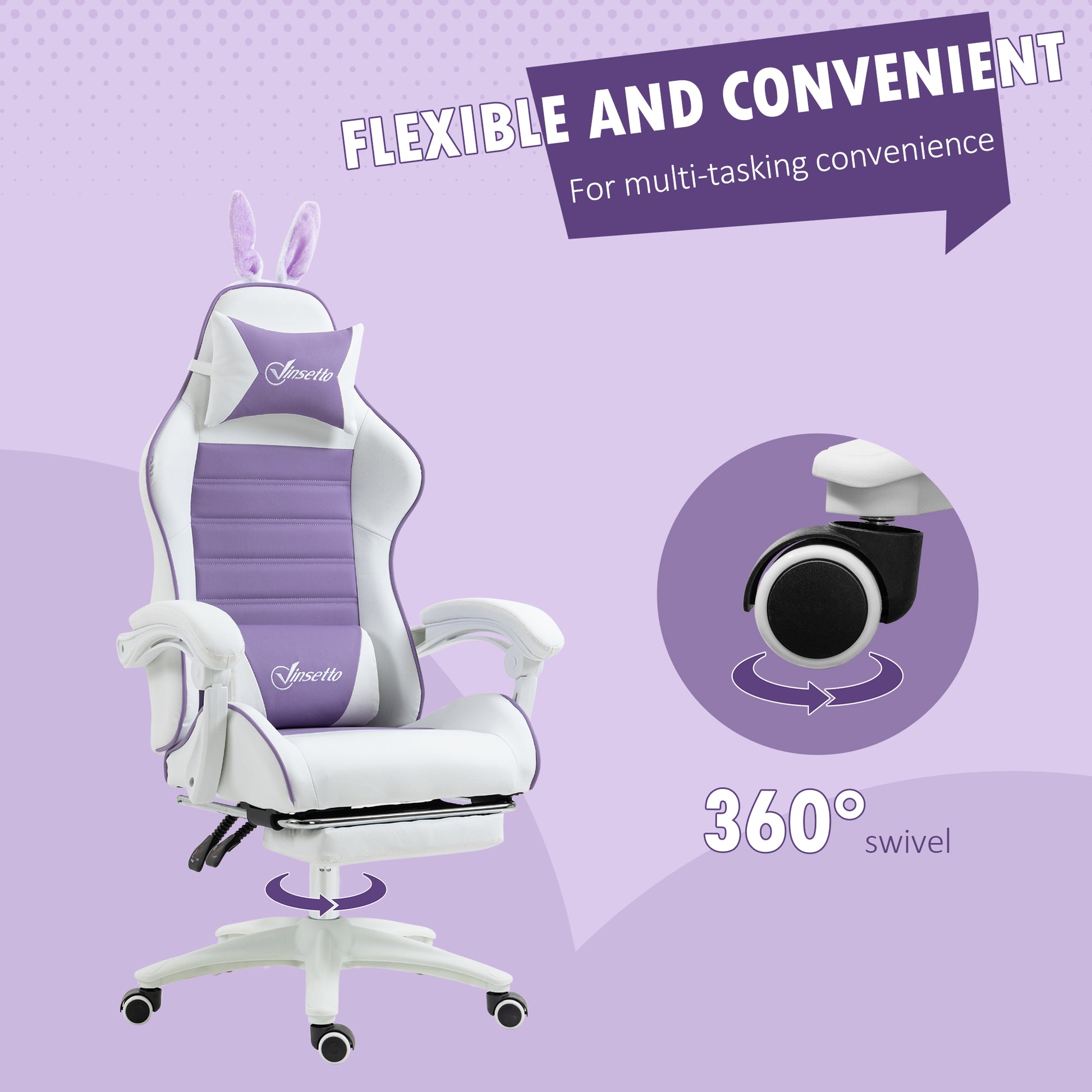 Image for Vinsetto Racing Gaming Chair, Reclining PU Leather Computer Chair with Removable Rabbit Ears, Footrest, Headrest and Lumber Support, Purple