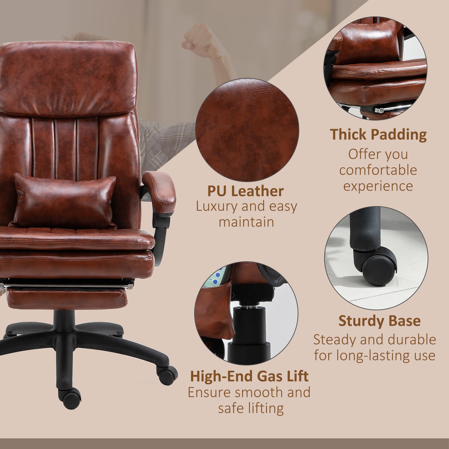 Image for Vinsetto High Back Office Chair, Gaming Recliner Chair with Footrest, 7 Massage Points, Adjustable Height, Reclining Back, PU Leather, Brown