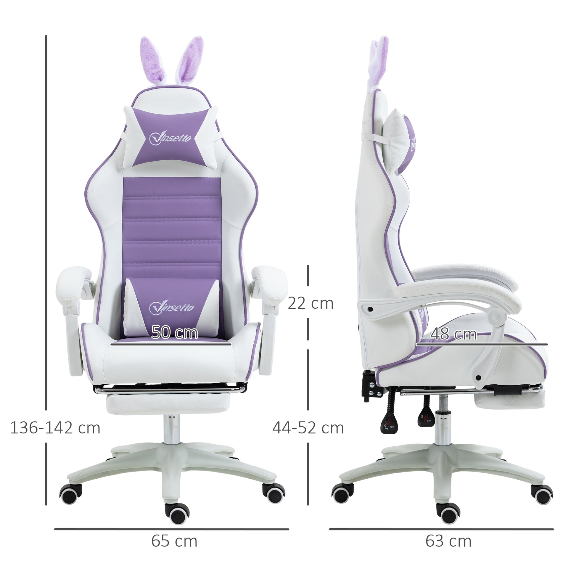 Image for Vinsetto Racing Gaming Chair, Reclining PU Leather Computer Chair with Removable Rabbit Ears, Footrest, Headrest and Lumber Support, Purple