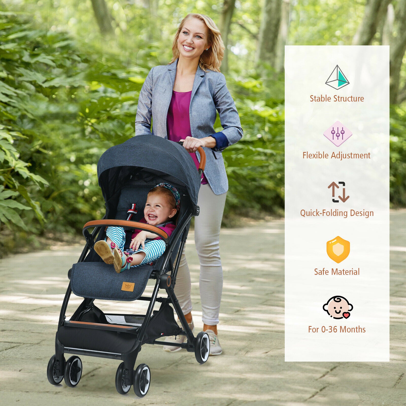 folding_pushchair_with_adjustable_backrest_and_footrest_navy
Smooth pushing: Shock-absorbing wheels handle uneven paths with ease