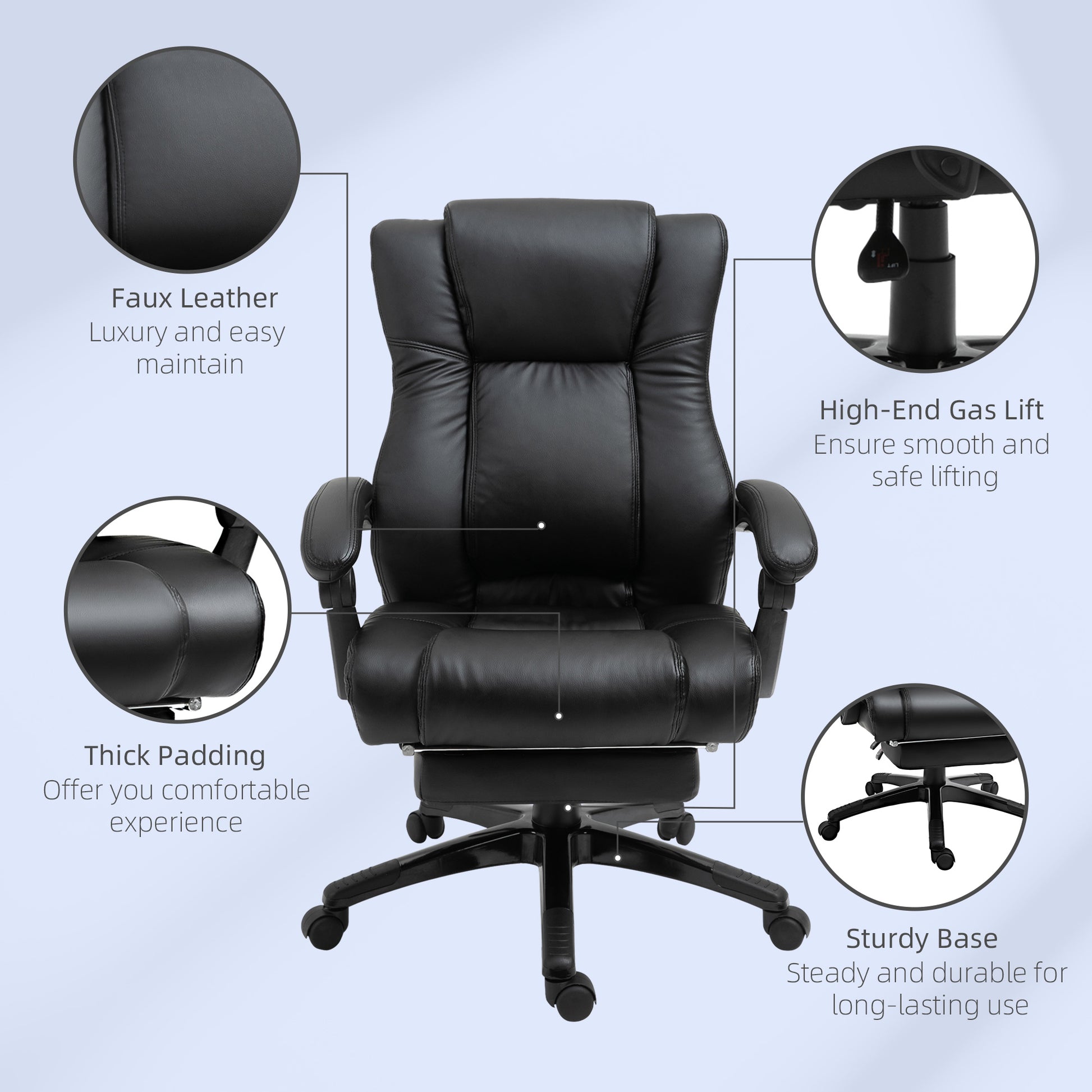 Image for Vinsetto Executive Home Office Chair Swivel High Back Recliner PU Leather Ergonomic Chair, with Footrest, Wheels, Adjustable Height, Black