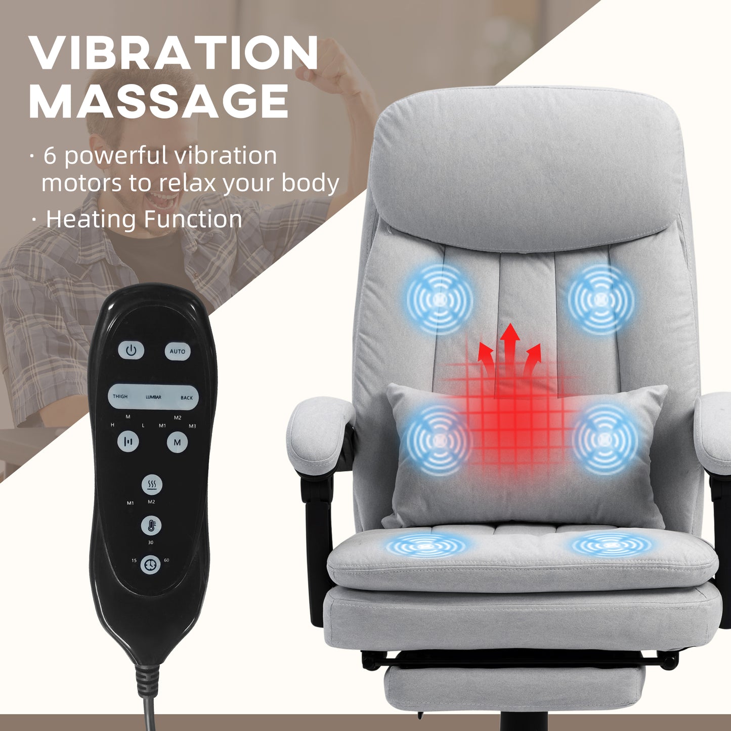 Image for Vinsetto Vibration Massage Office Chair with Heat, Microfibre Computer Chair with Footrest, Lumbar Support Pillow, Armrest, Reclining Back, Grey